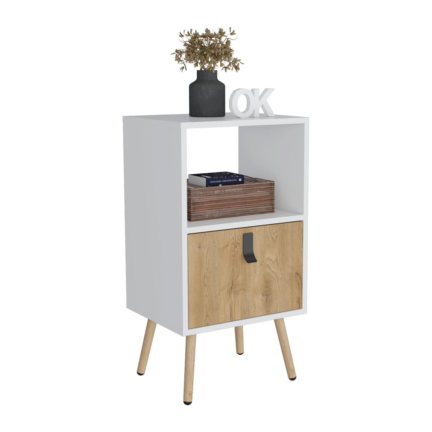 Modern white nightstand with wood drawer and open shelf perfect for bedside storage