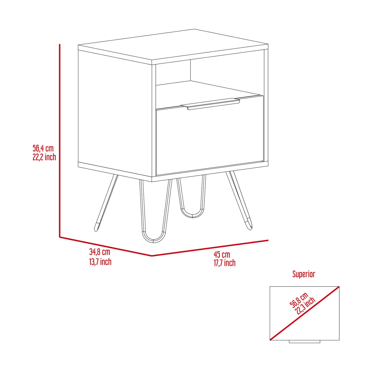 Minimalist bedside table with one drawer and hairpin legs midcentury modern style