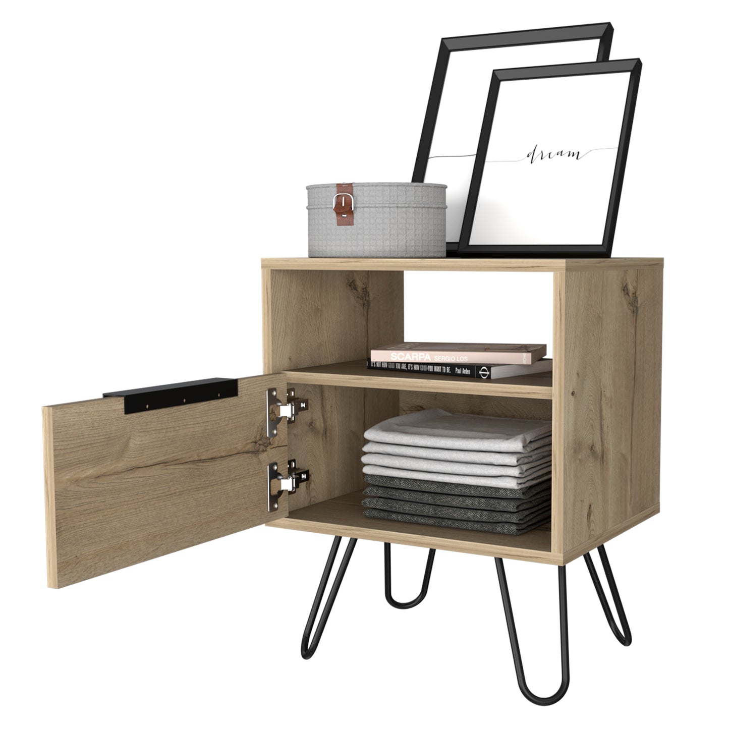 Light oak bedside table with open shelf and closed cabinet displaying folded linens and books