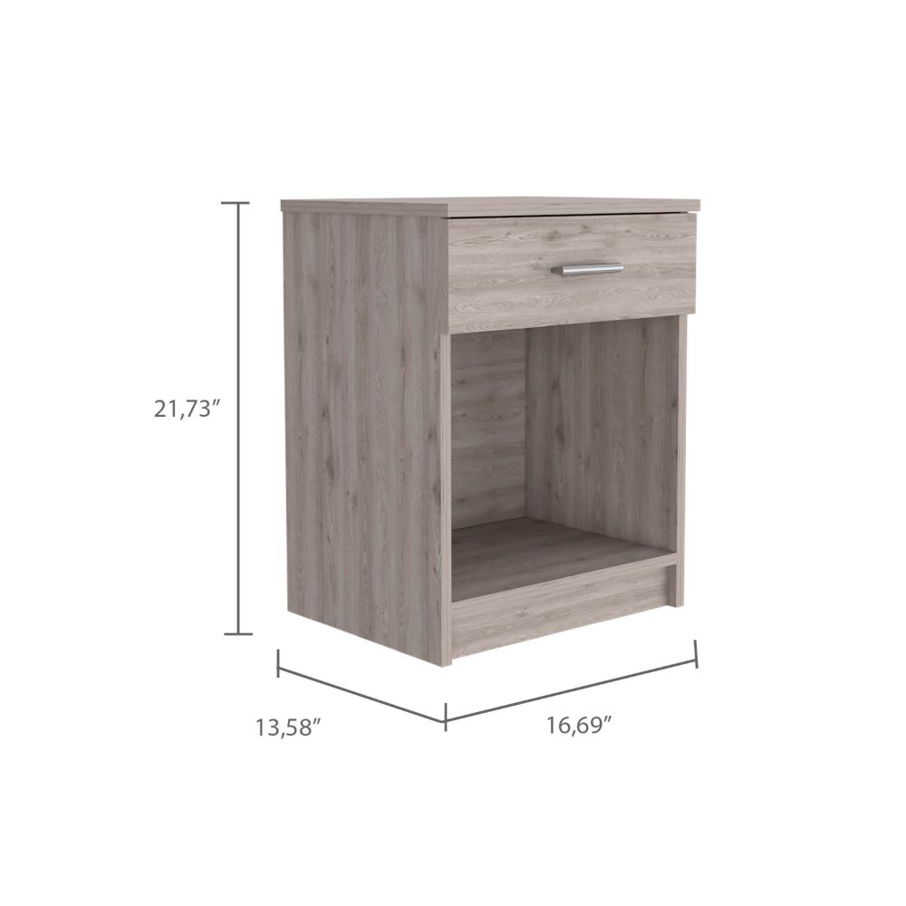 Gray wood nightstand with one drawer and open shelf space
