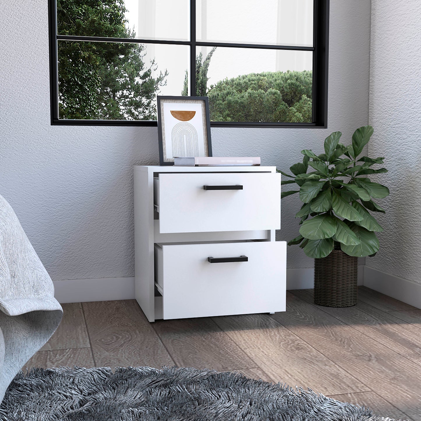 Modern white twodrawer nightstand with black handles perfect for bedroom storage