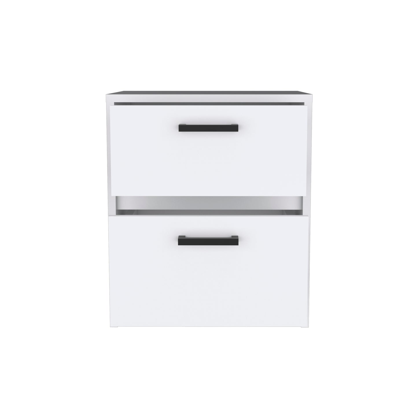 White twodrawer filing cabinet with black handles