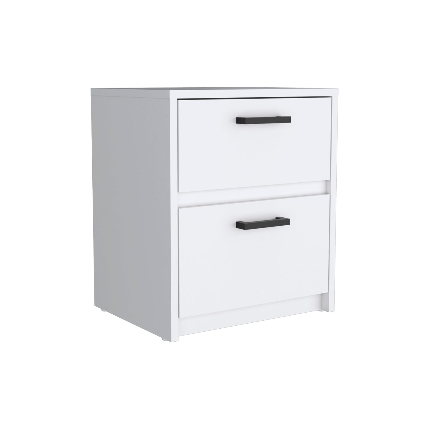 White twodrawer filing cabinet with black handles for office organization