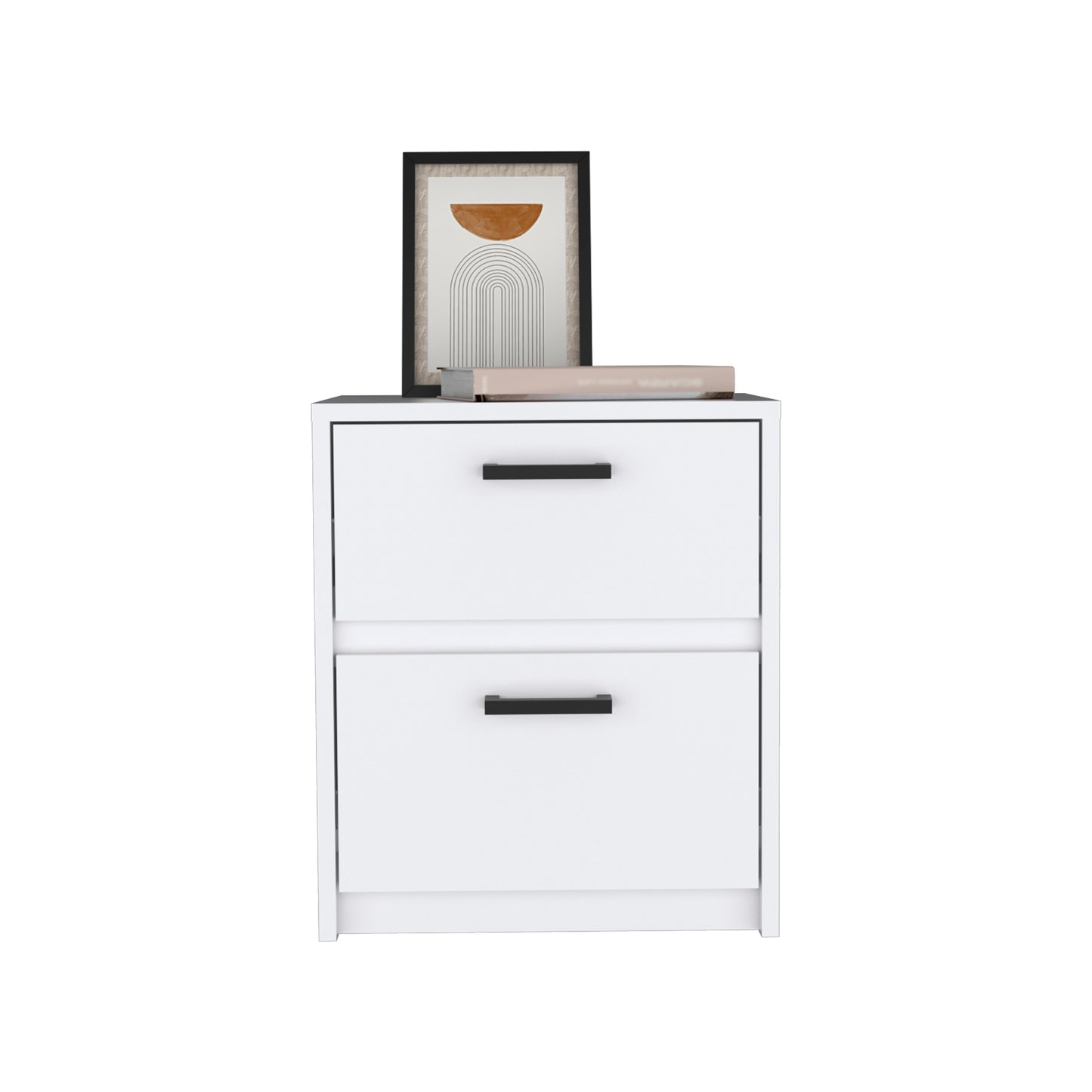 Modern white drawer nightstand with black handles and abstract art
