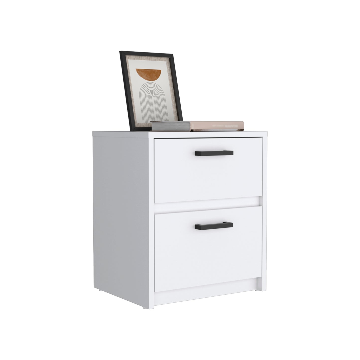 Modern white twodrawer nightstand with black handles and minimalist art