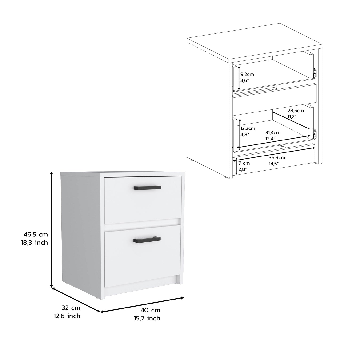White twodrawer filing cabinet with black handles dimensions xxcm
