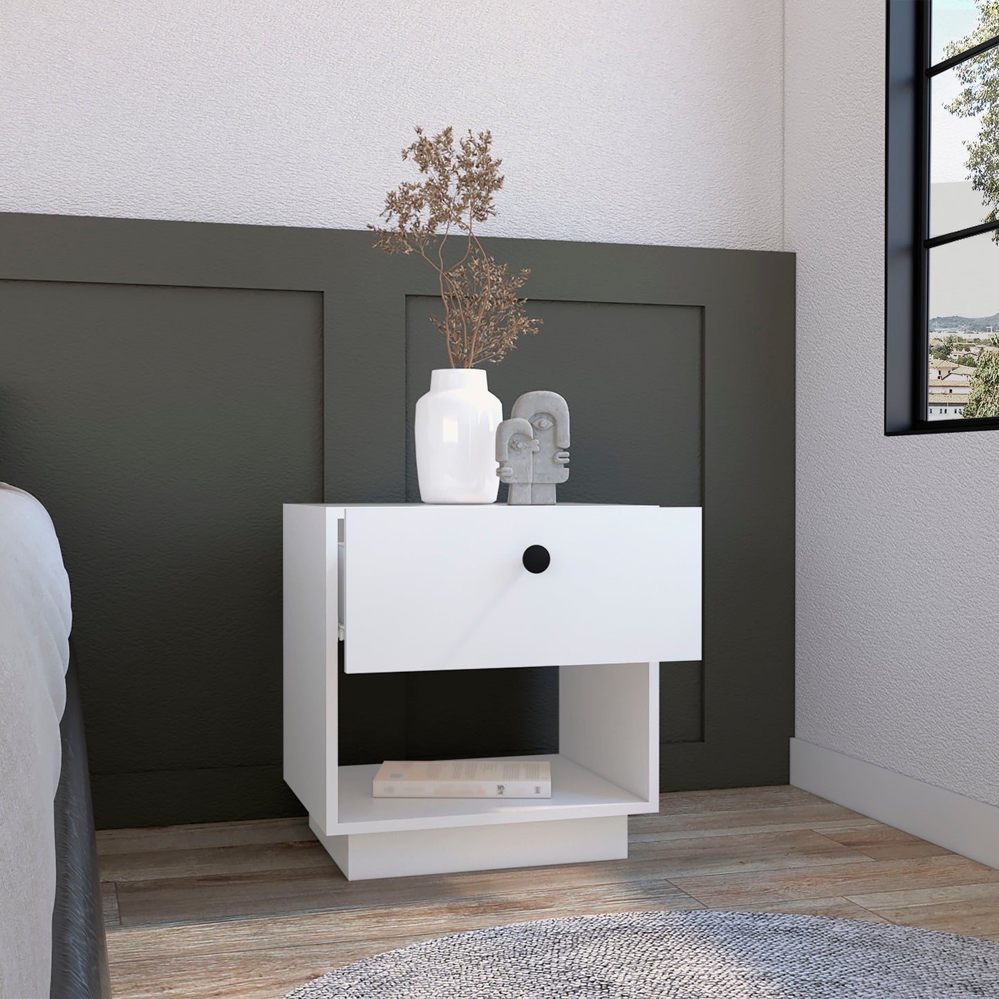 Modern white nightstand with a single drawer and open shelf perfect bedside table
