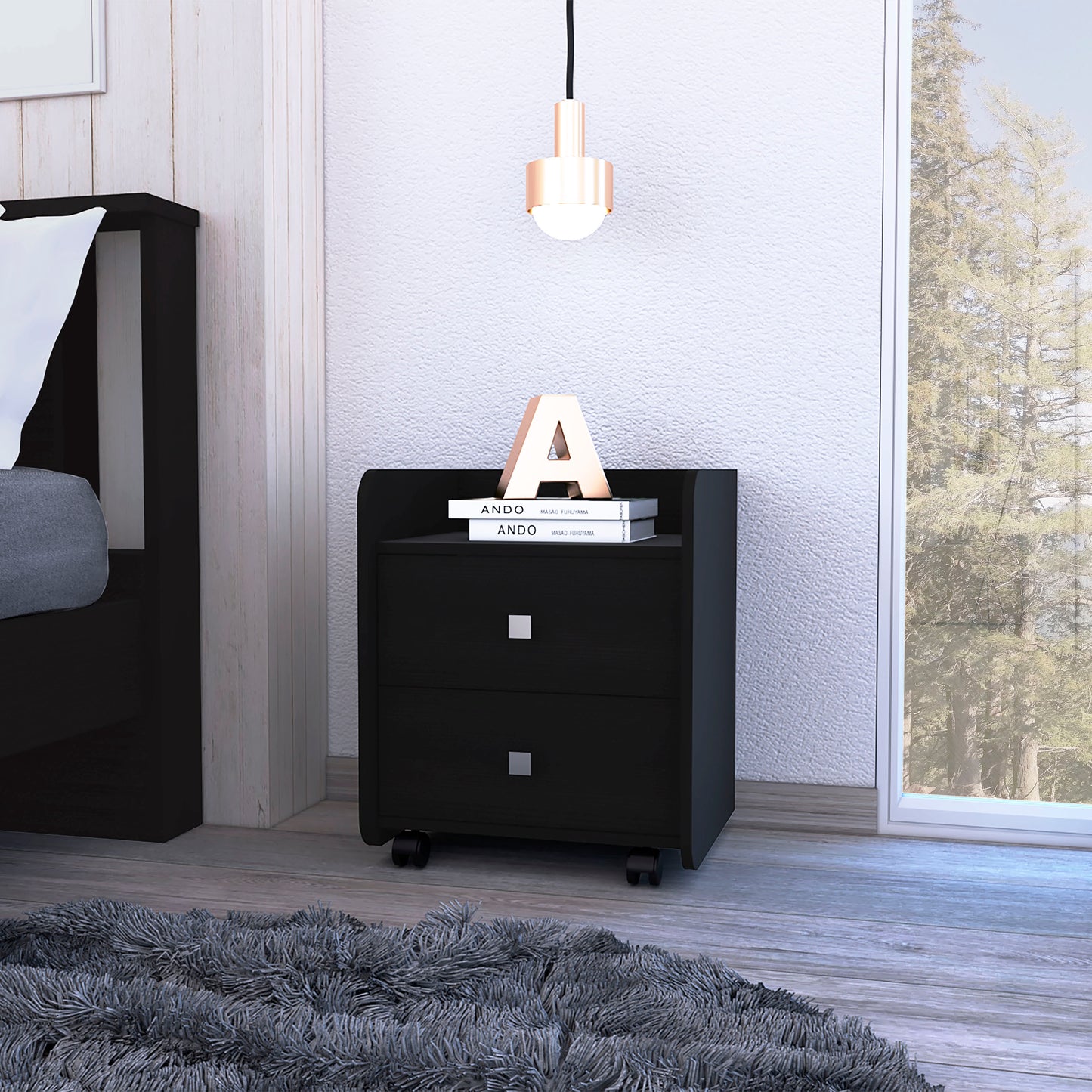 Black twodrawer nightstand with silver square pulls and caster wheels