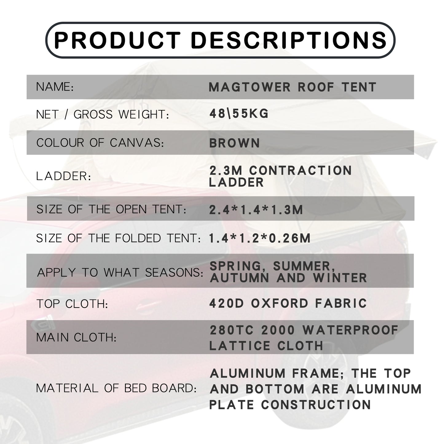 MAGTOWER brown canvas roof tent with M contraction ladder