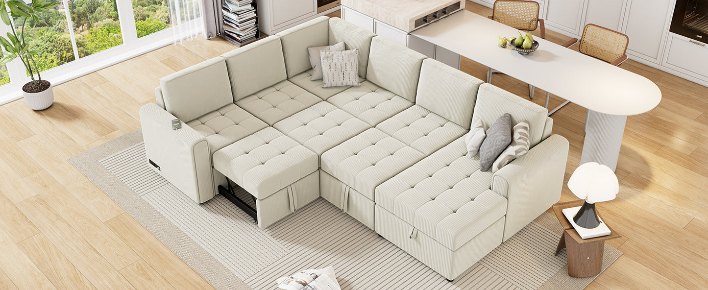 Beige modular sectional sofa with tufted cushions and hidden storage compartments