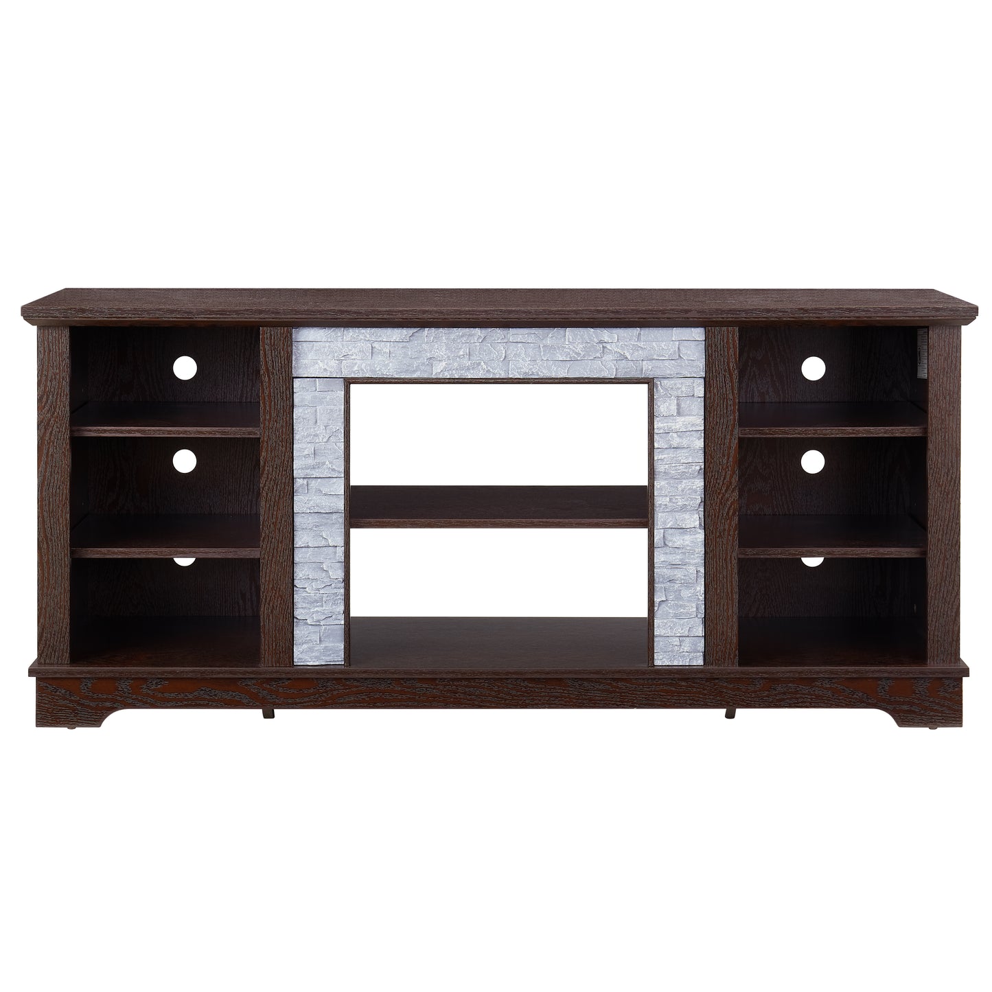 Dark oak media console with gray faux stone fireplace insert and open shelves