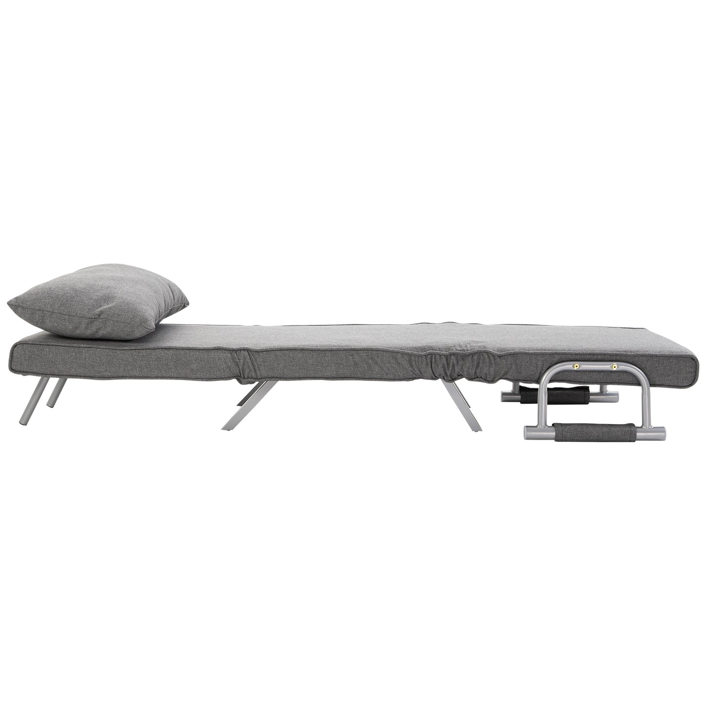 Gray fabric convertible sofa bed with metal legs and one pillow