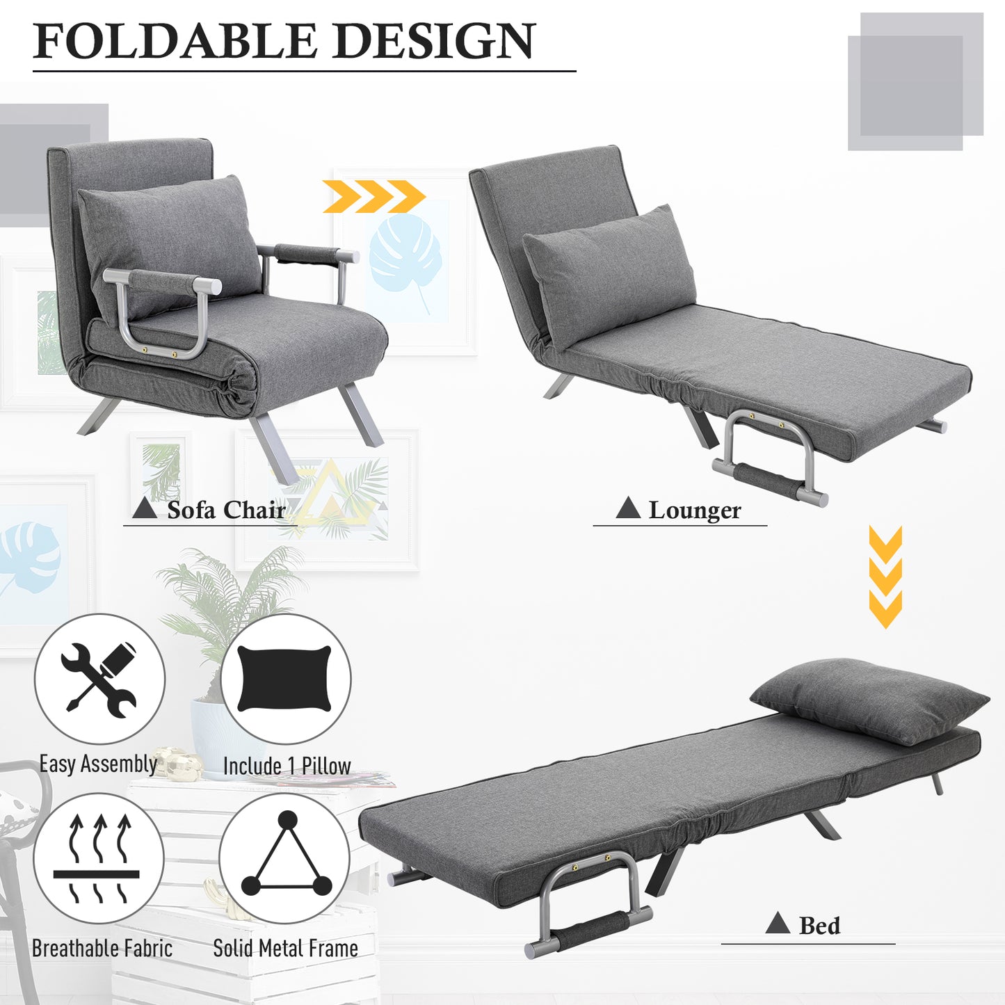 Gray fabric sofa chair with metal armrests and legs compact design