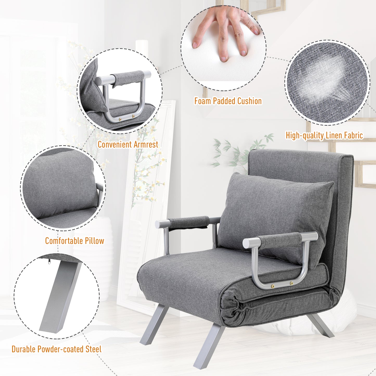 Gray linen sofa bed with foam padded cushion and metal armrests