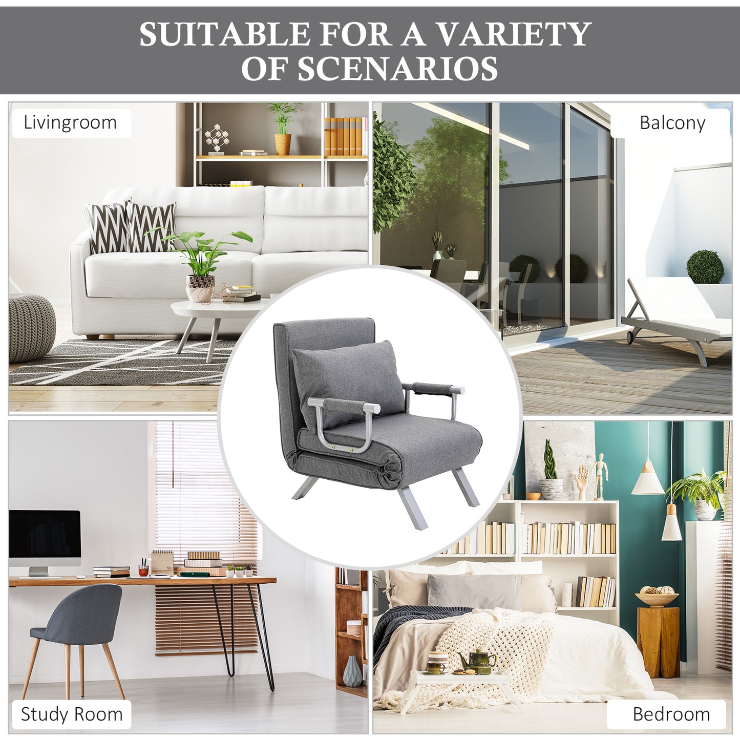 Gray upholstered convertible chair with metal frame ideal for small spaces