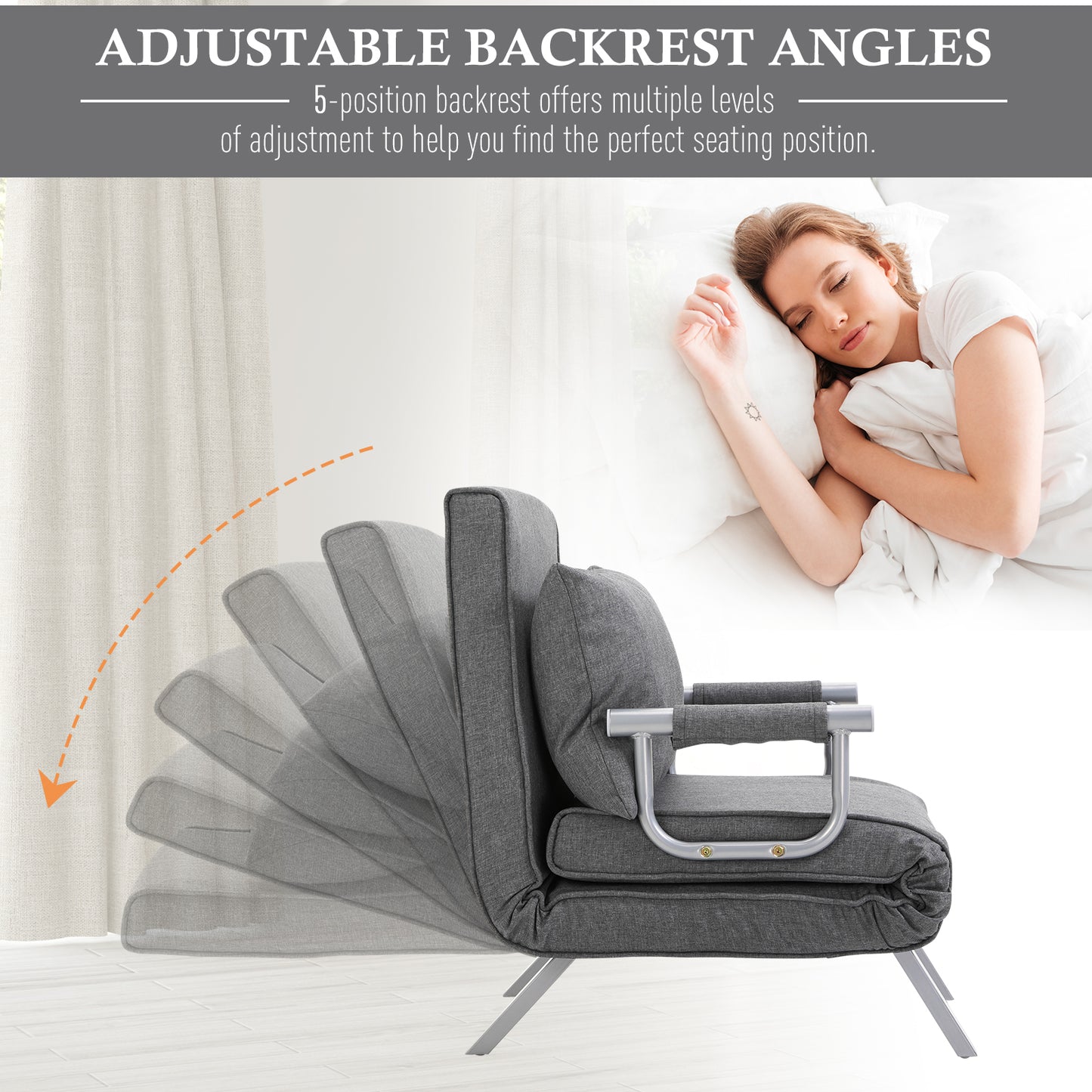 Grey convertible sofa bed with adjustable backrest and metal frame
