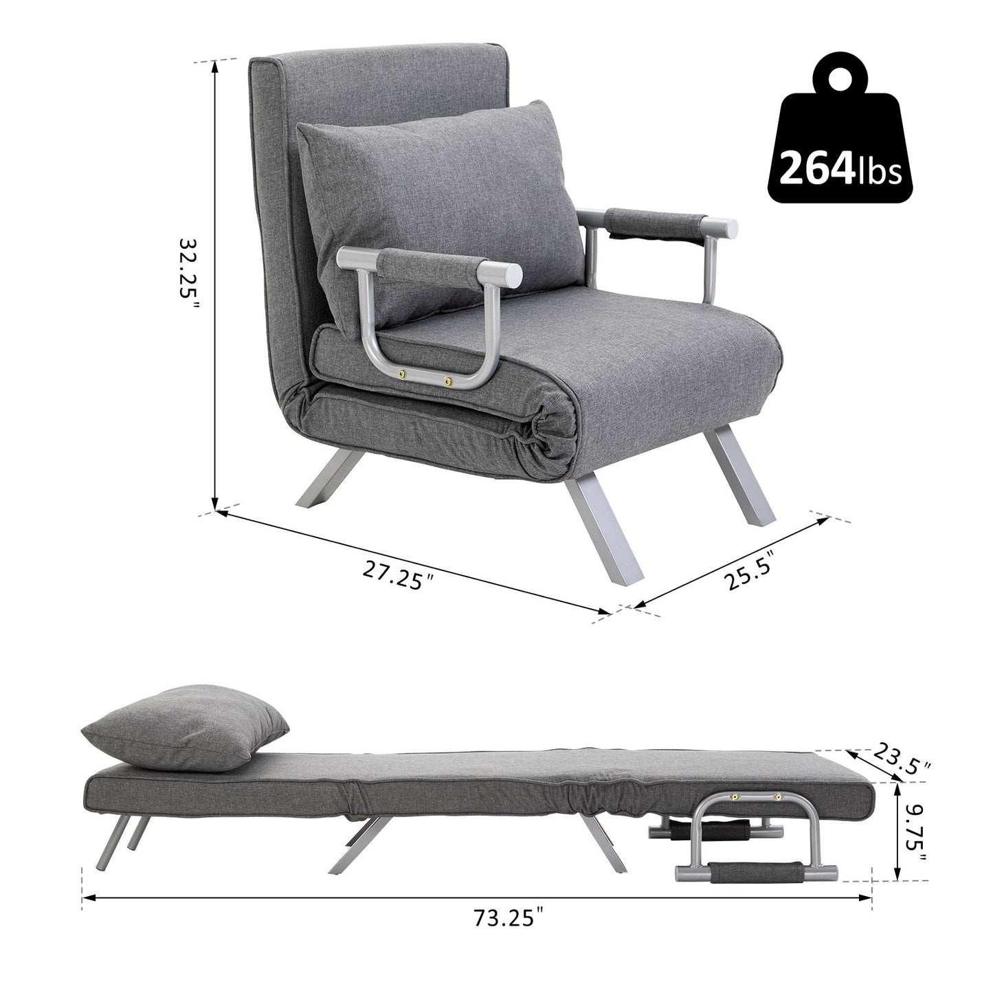 Grey convertible chair with a pillow metal legs and dimensions H x W x D