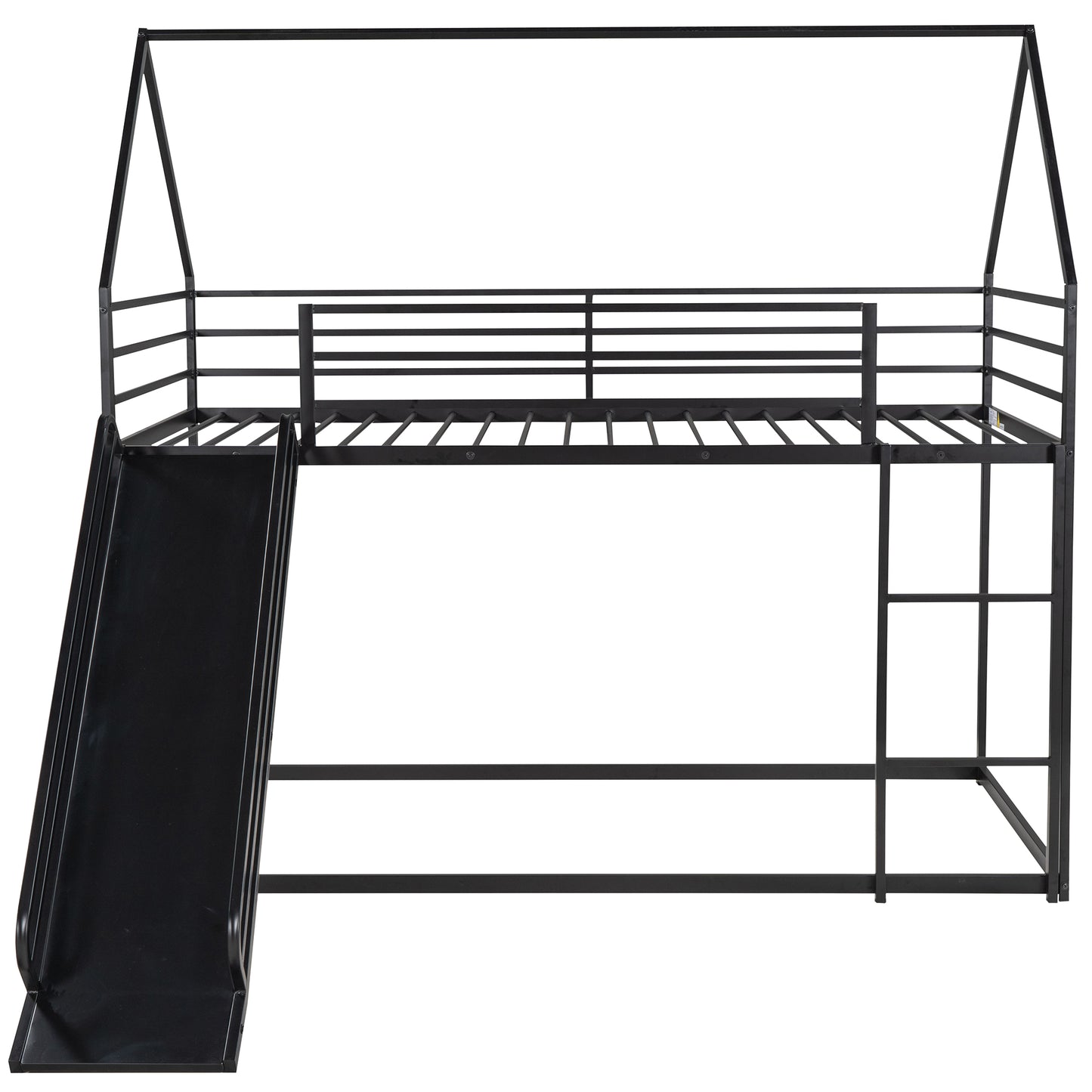 Black metal twin house bed with integrated slide and ladder