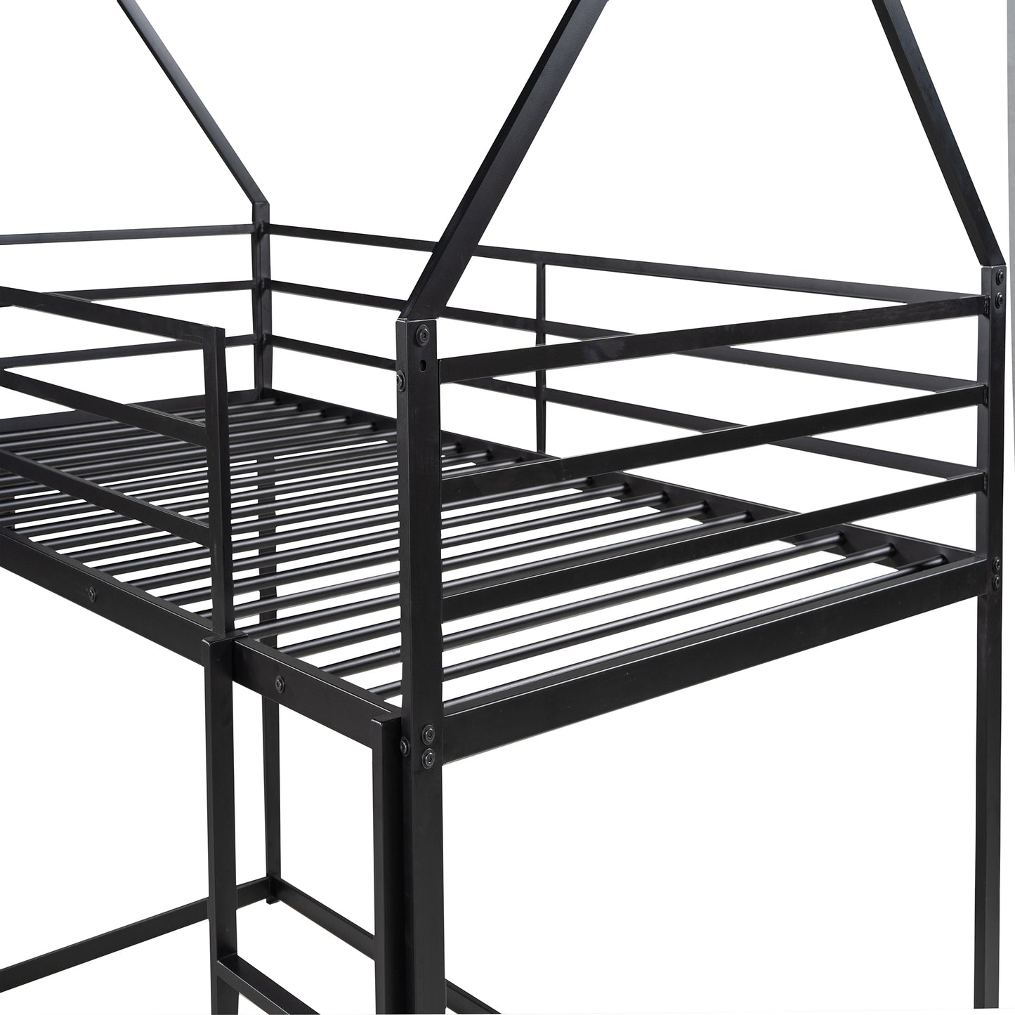 Black metal twin loft bed frame with a houseshaped top