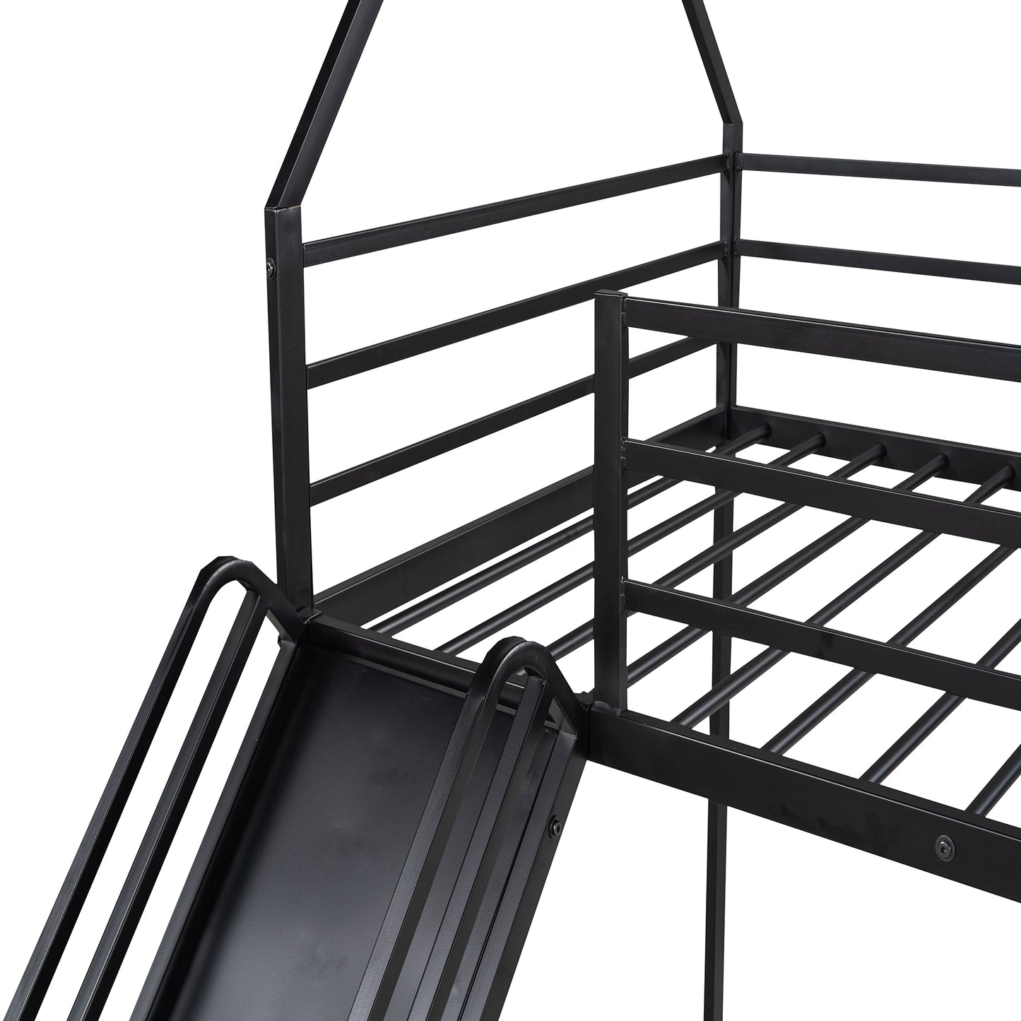 Black metal twin loft bed frame with integrated slide and roof detail