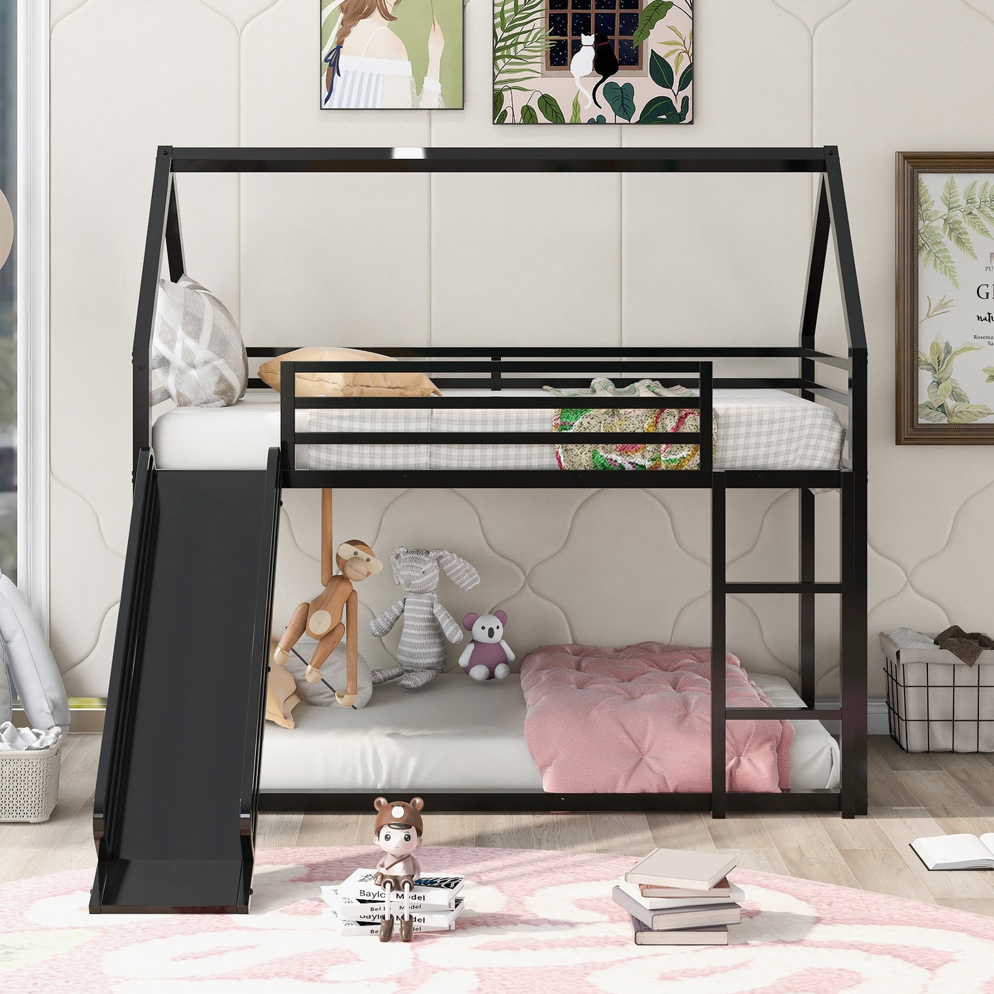 Black metal twin over twin bunk bed with slide