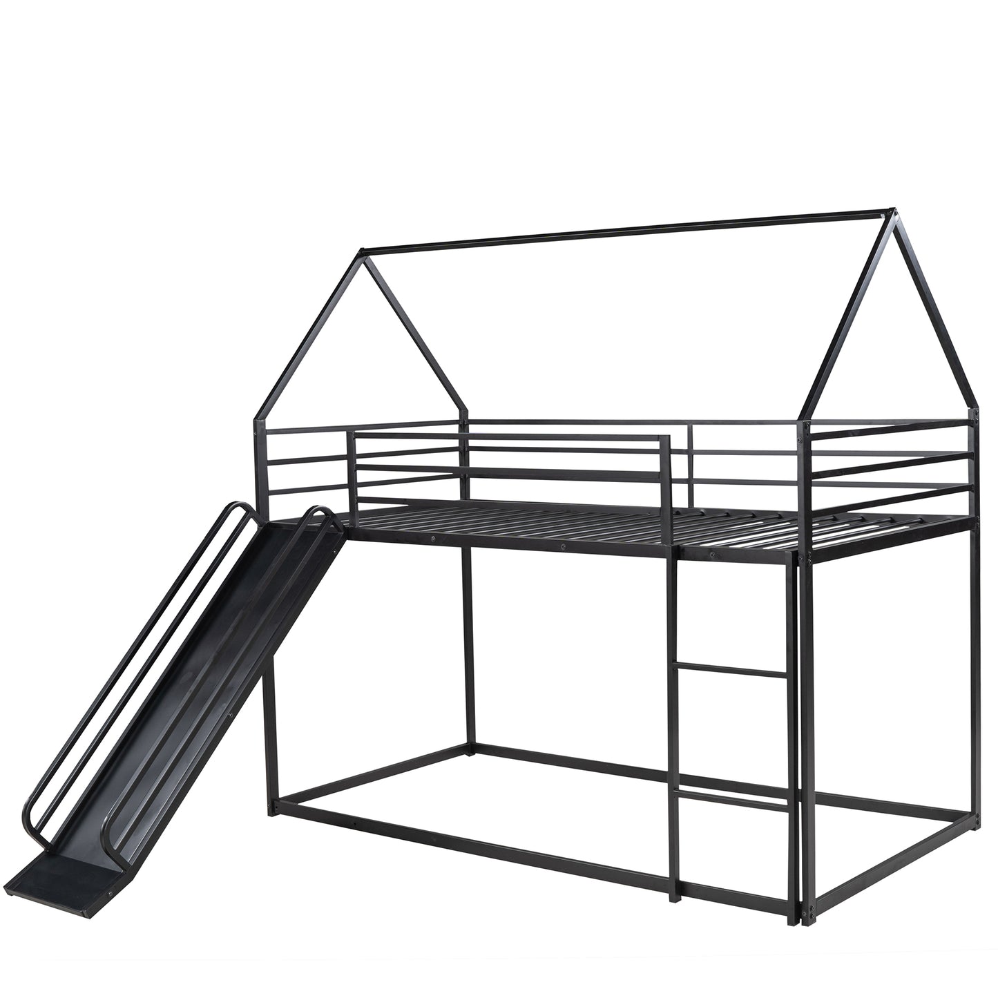 Black metal twin over twin bunk bed with slide and house frame