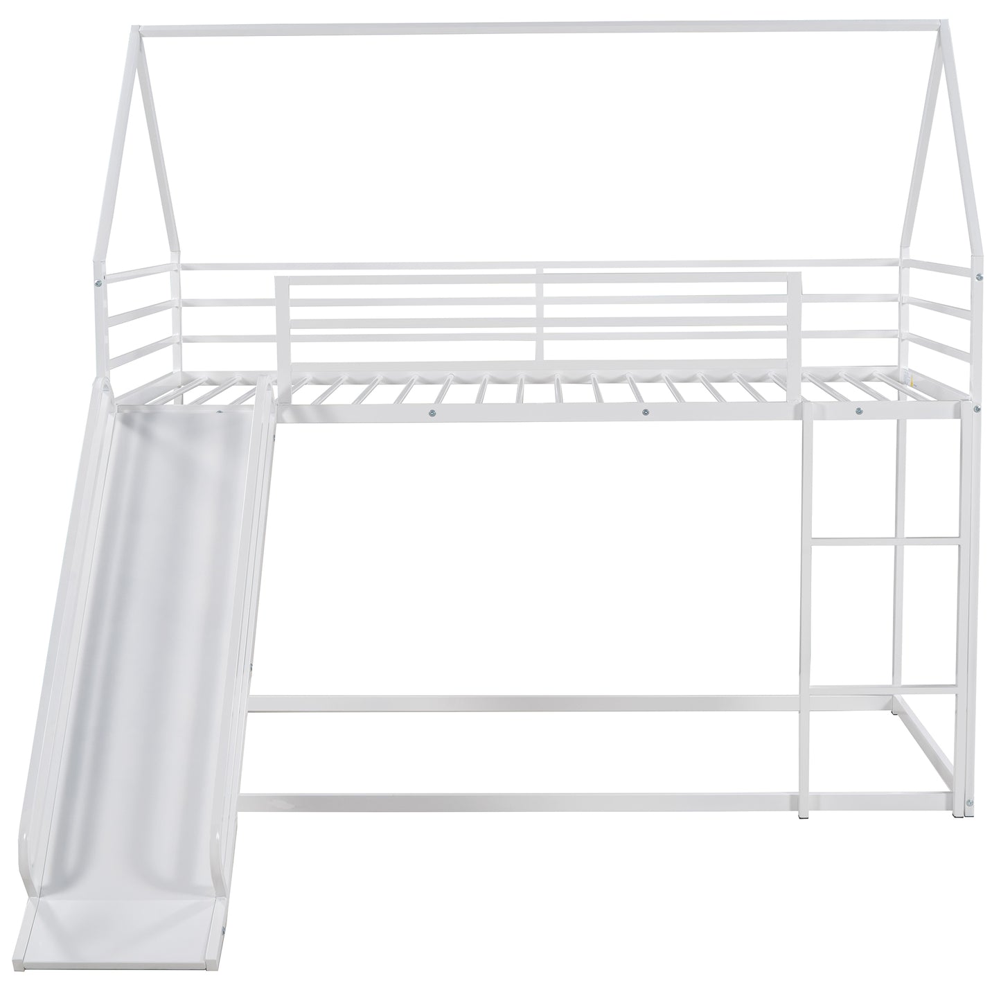 White metal house frame loft bed with slide for kids