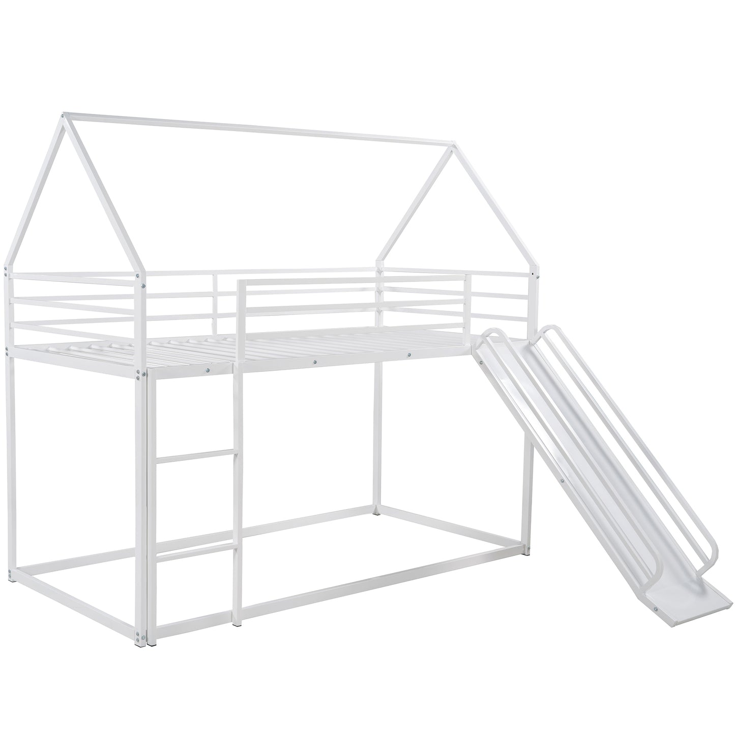 White metal house frame twin bunk bed with ladder and slide for kids rooms