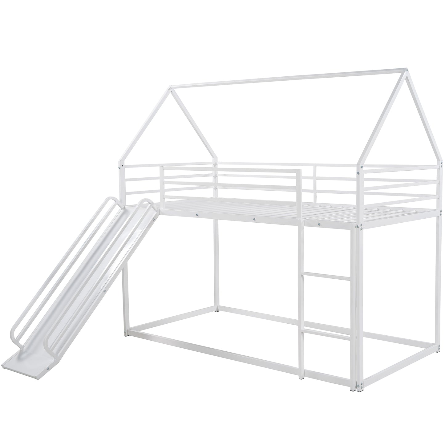 White metal houseshaped loft bed with slide for kids