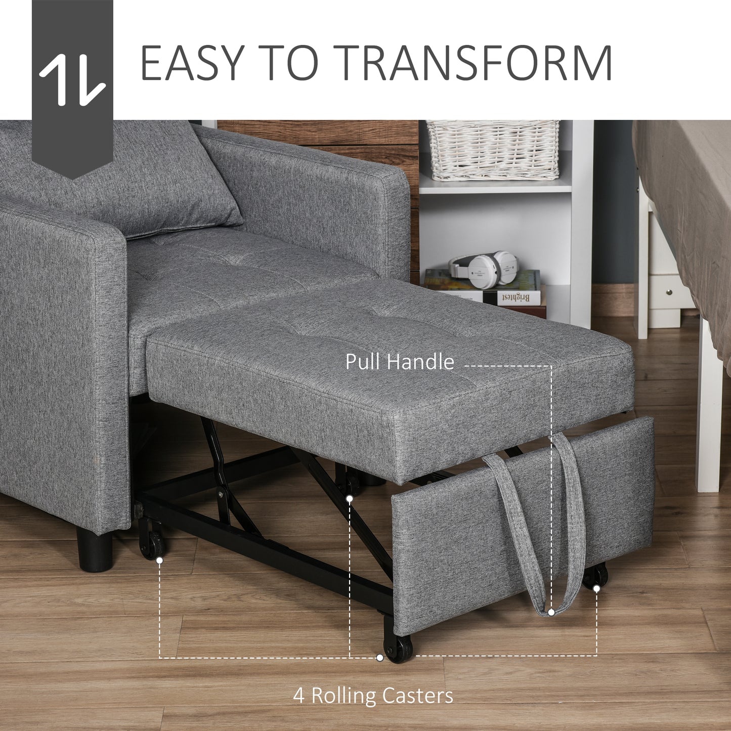 Gray fabric convertible chair with pull handle and rolling casters