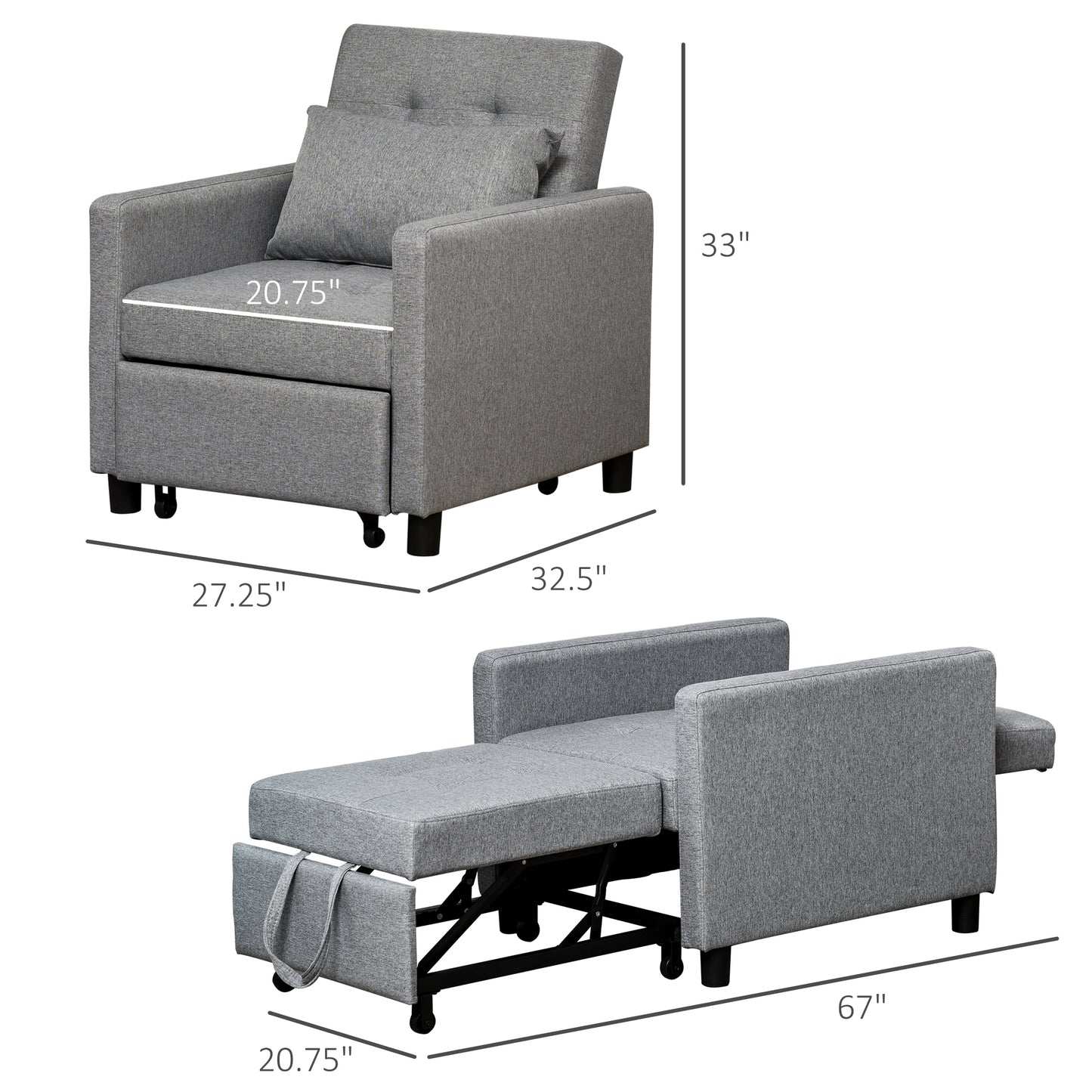 Gray upholstered convertible chair featuring tufted back and pullout ottoman for versatile seating