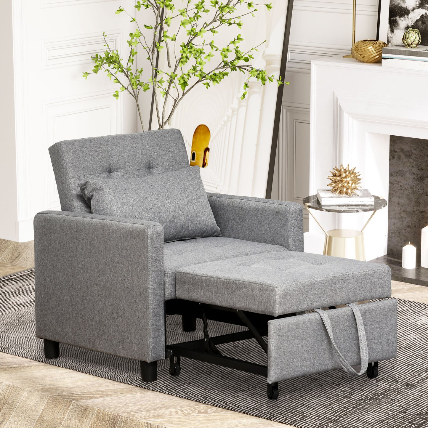 Grey fabric convertible sleeper chair with pullout ottoman