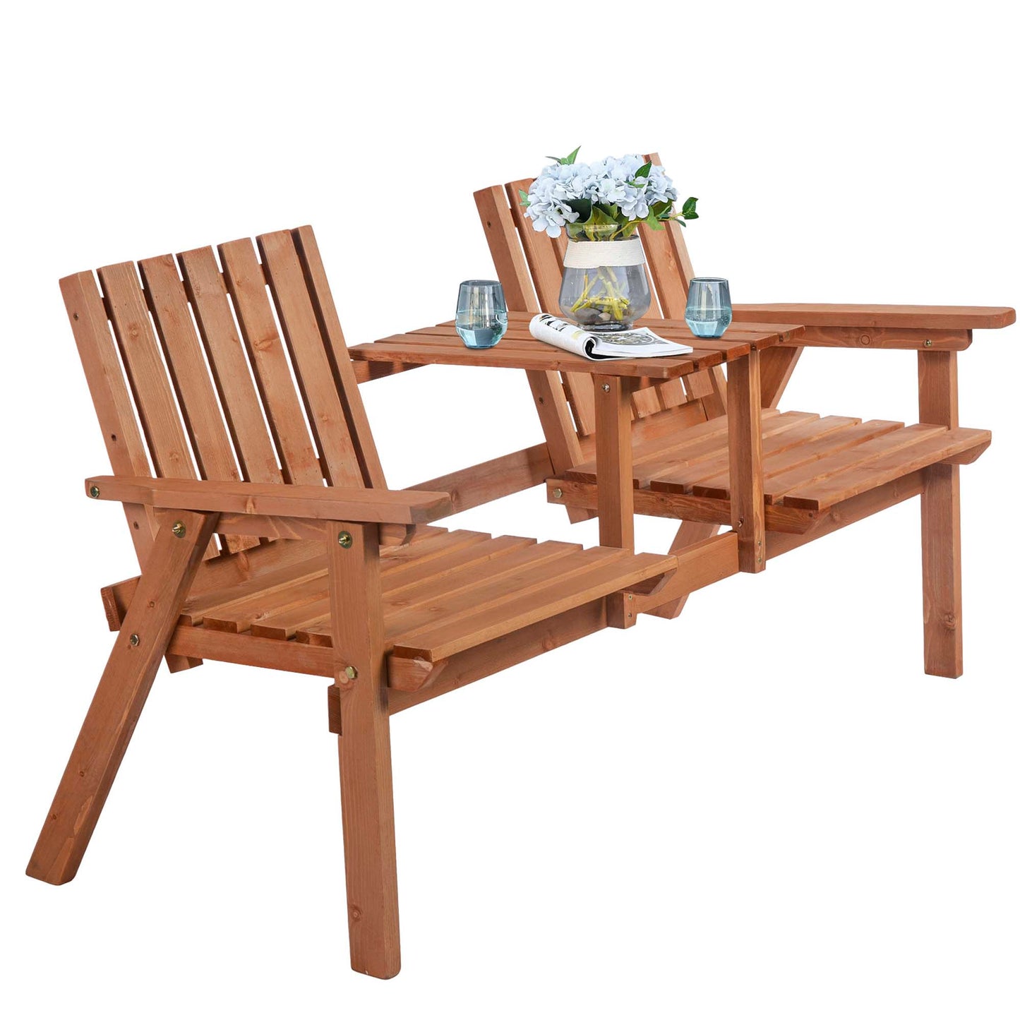 Wooden garden bench with attached table for outdoor relaxation