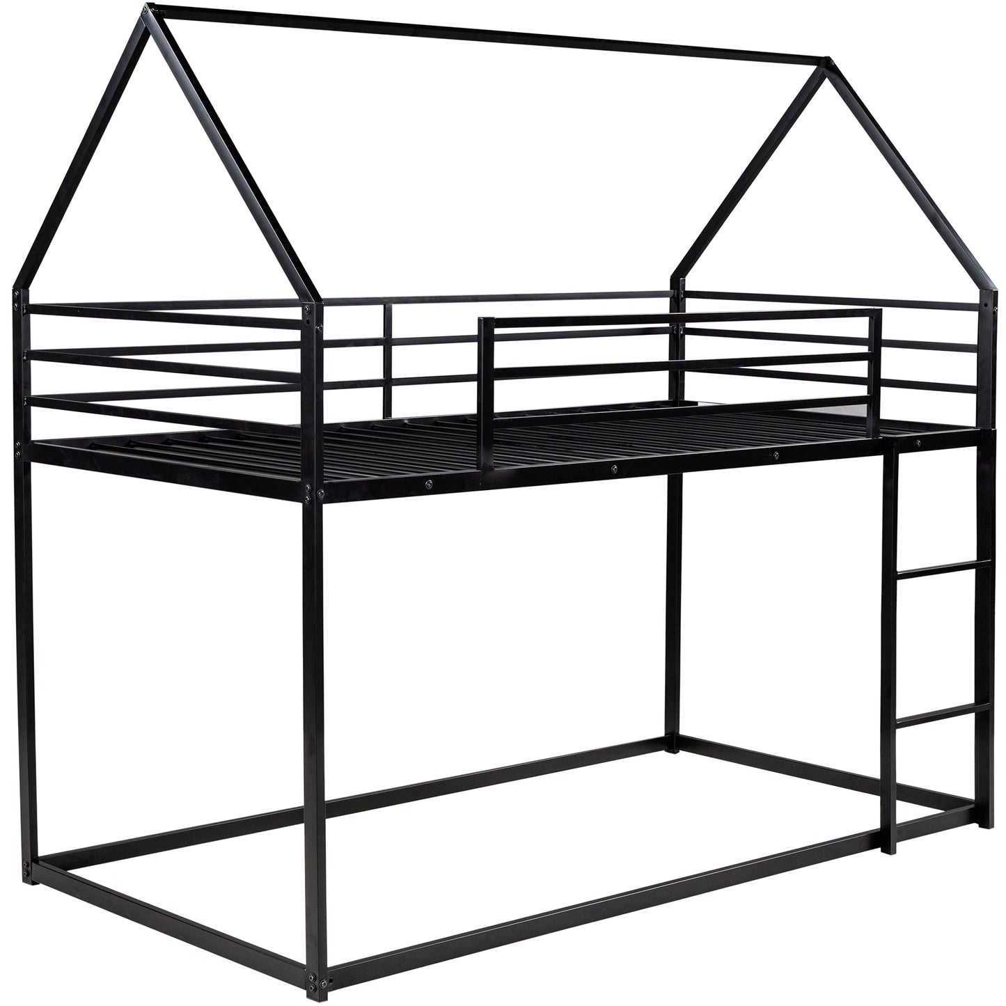 Black metal house frame loft bed with ladder and guardrails