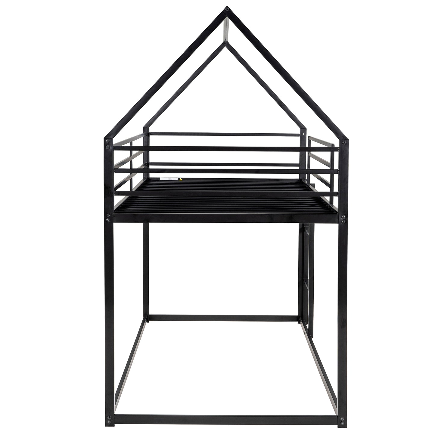 Black metal houseshaped loft bed frame with slatted platform