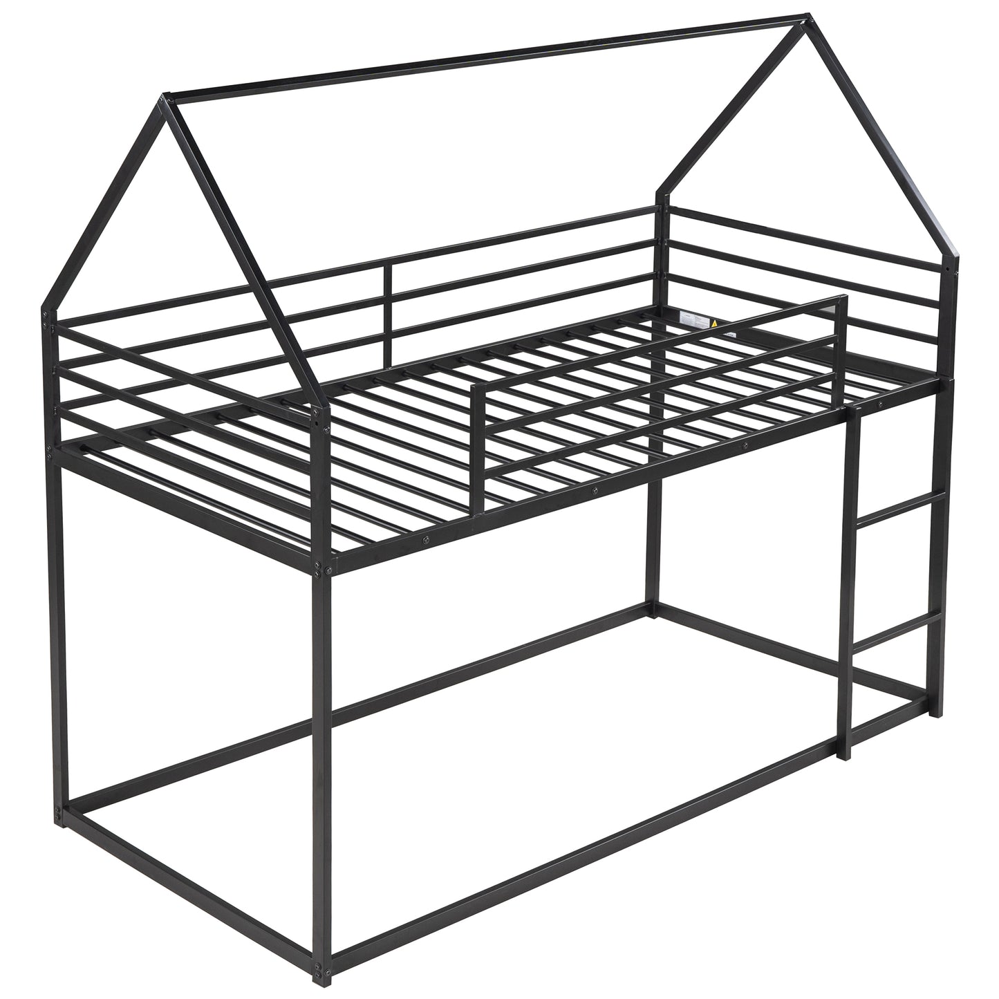 Black metal twin bunk bed frame with houseshaped top safety rails and ladder