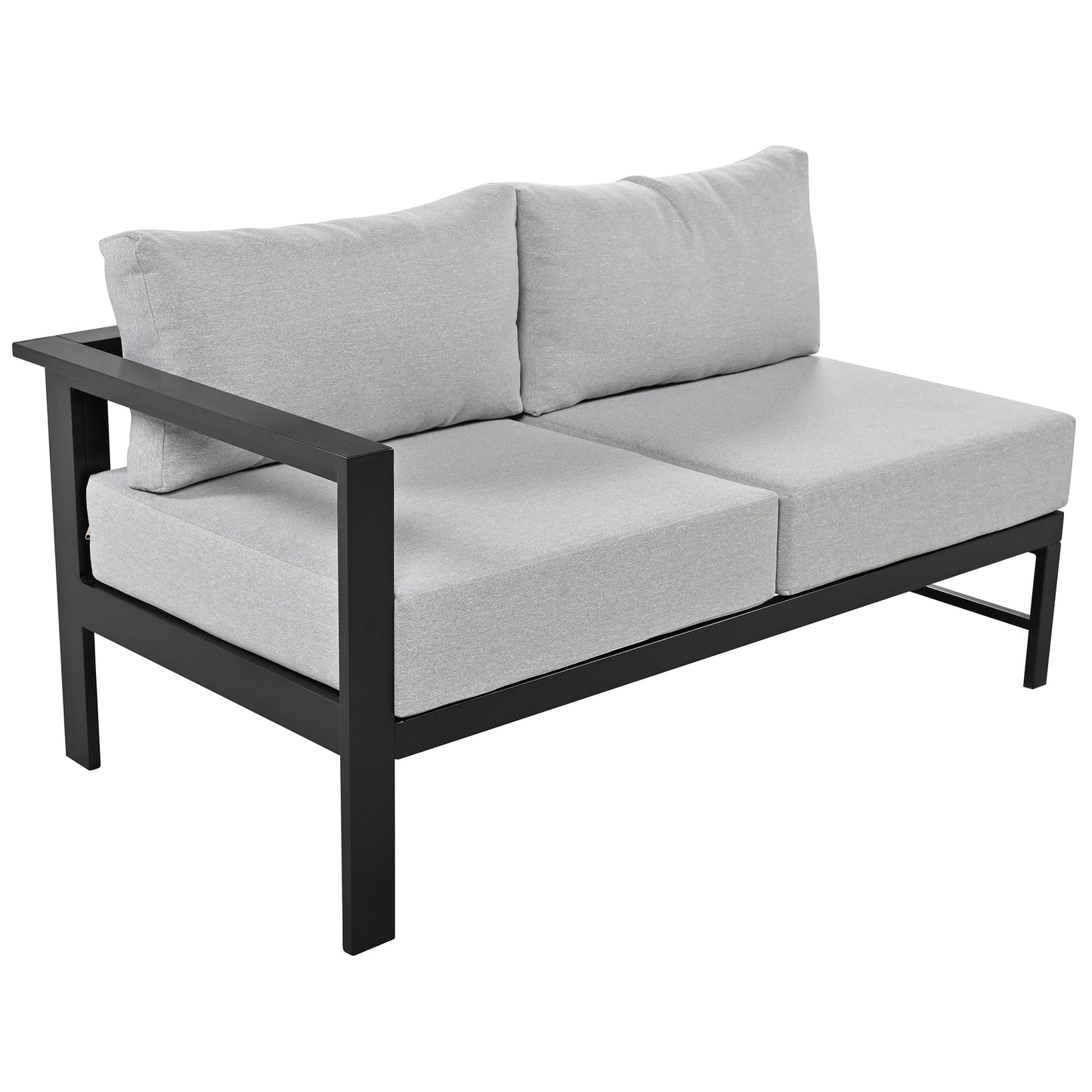 Modern grey upholstered outdoor sofa with black metal frame and armrest