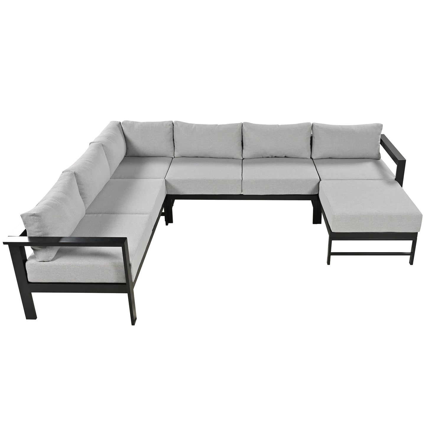 Light grey upholstered Ushaped sectional sofa with black metal frame