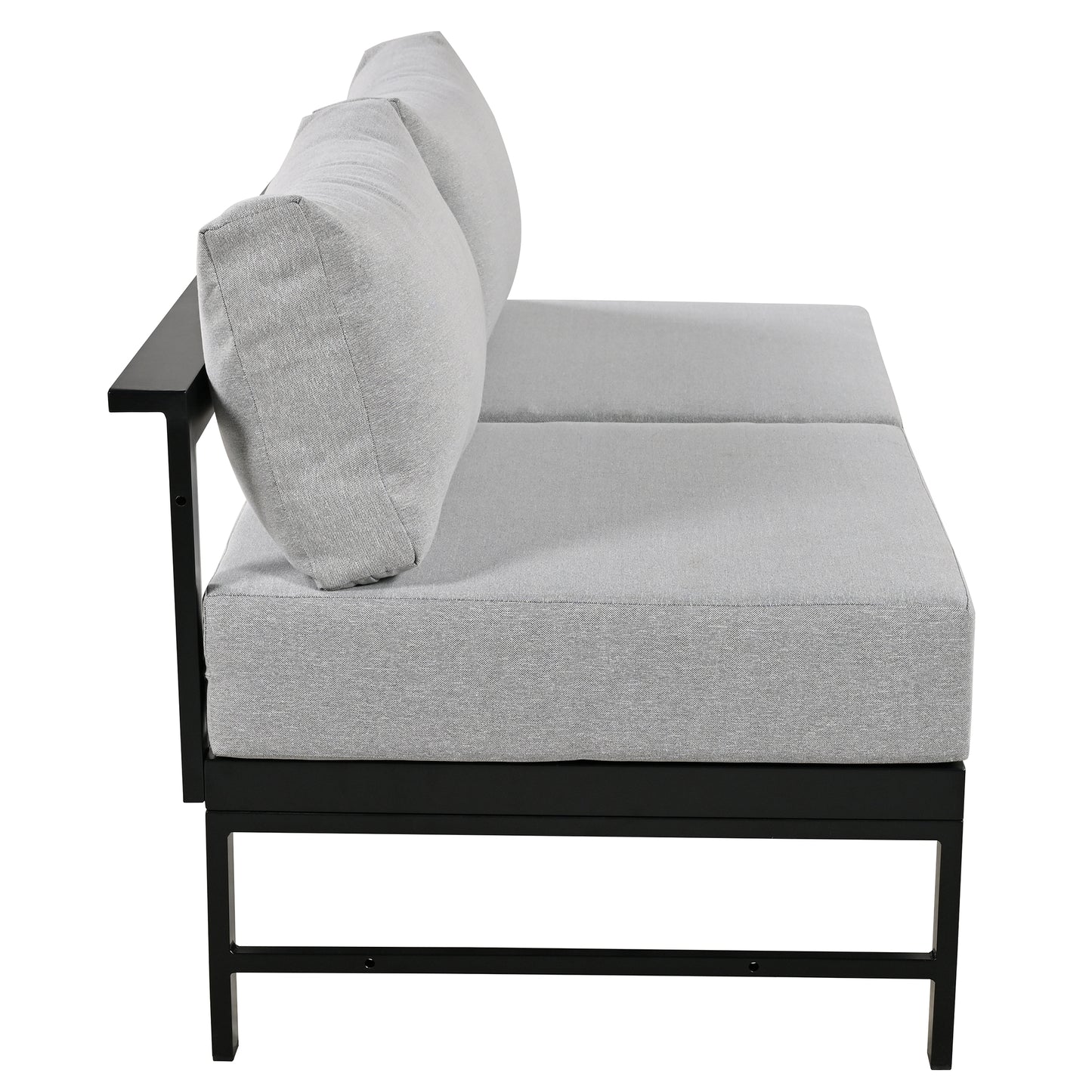 Modern grey outdoor loveseat with black metal frame and plush cushions