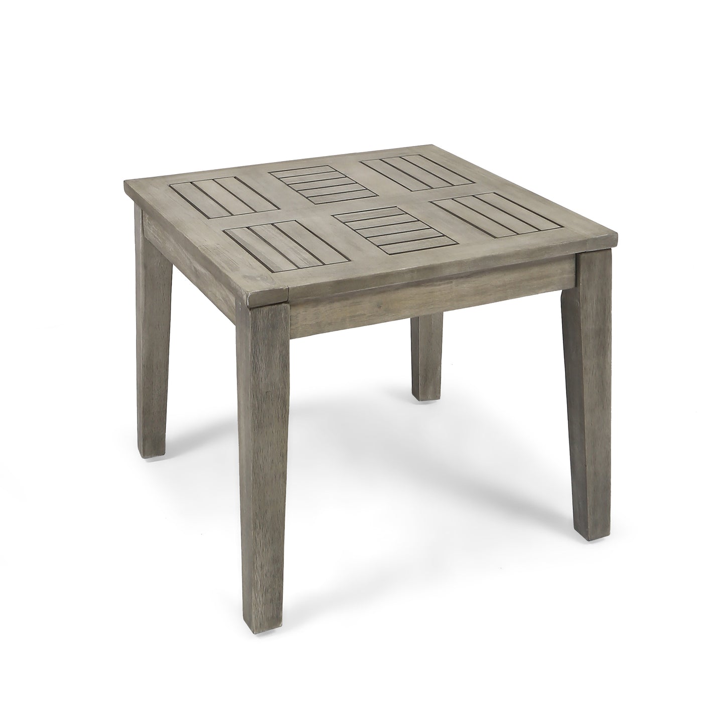 Rustic grey wood outdoor side table with slatted top and square legs