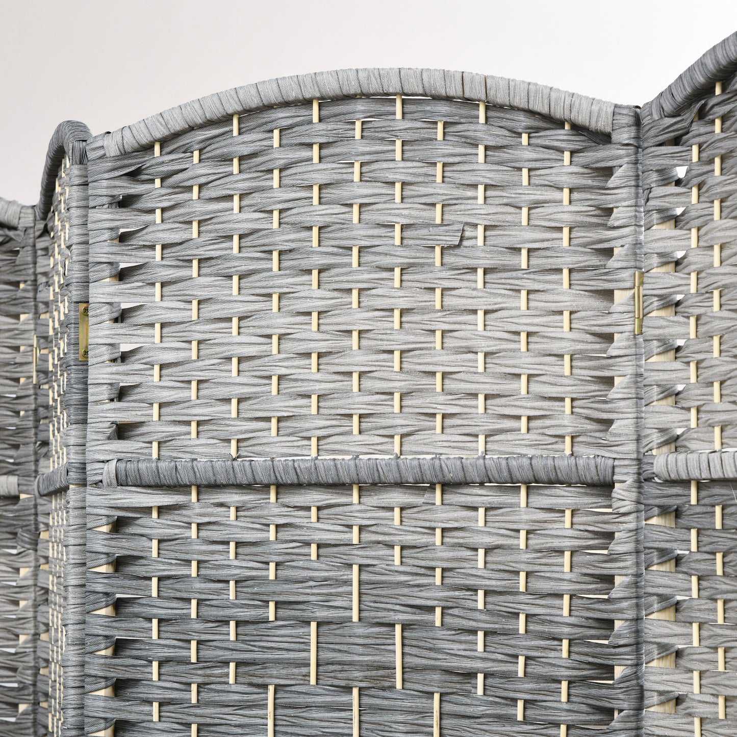 Gray woven room divider with bamboo accents and textured finish
