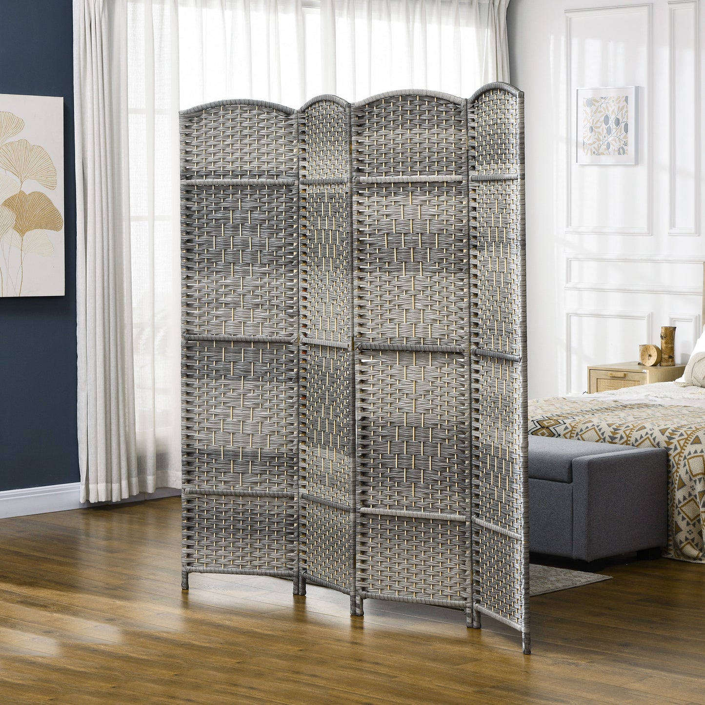 Gray rattan room divider with four panels for privacy and style