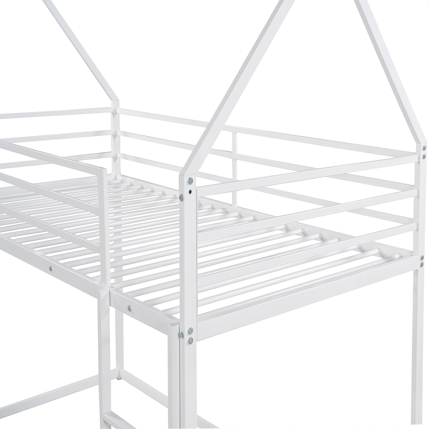 White metal house frame loft bed with slatted base