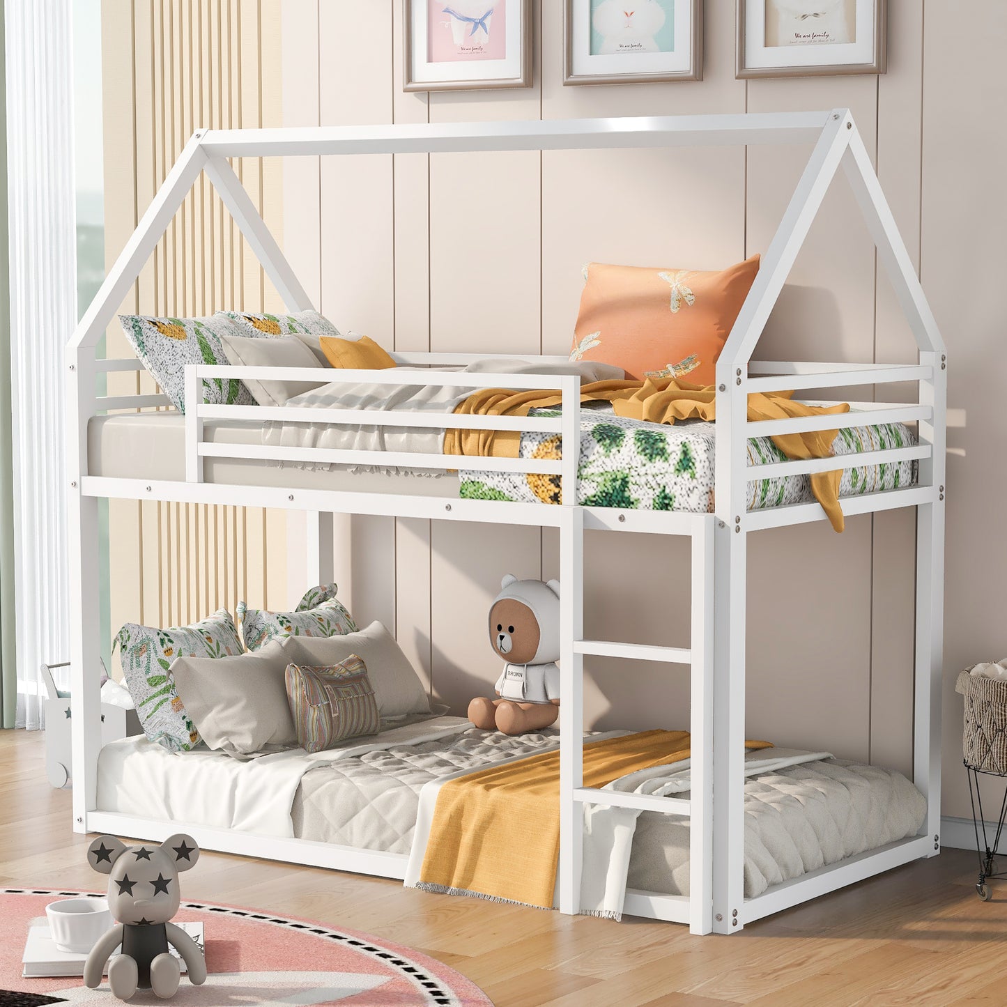 TREATLIFE HOME Twin Over Twin House Bunk Bed with Built-in Ladder, Space-Saving Design, White