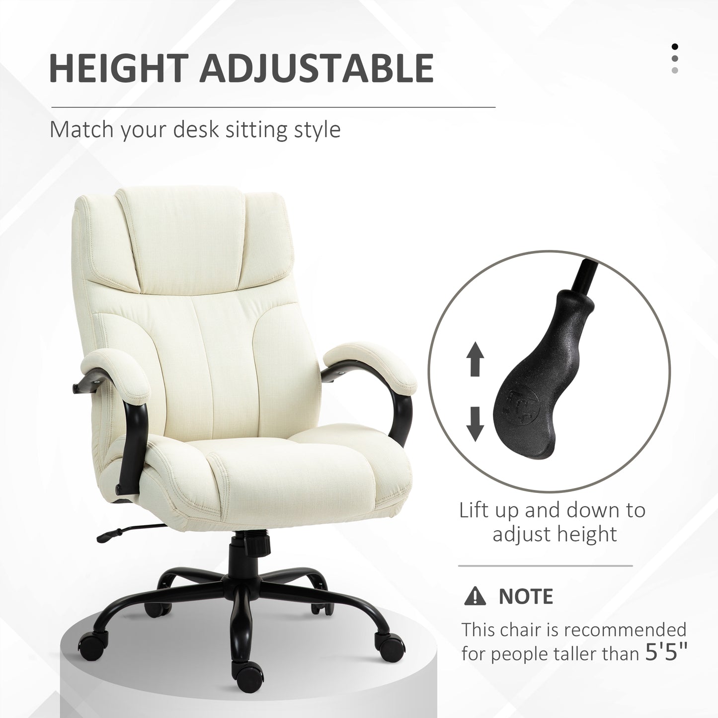 Cream fabric executive office chair with adjustable height lever and padded arms