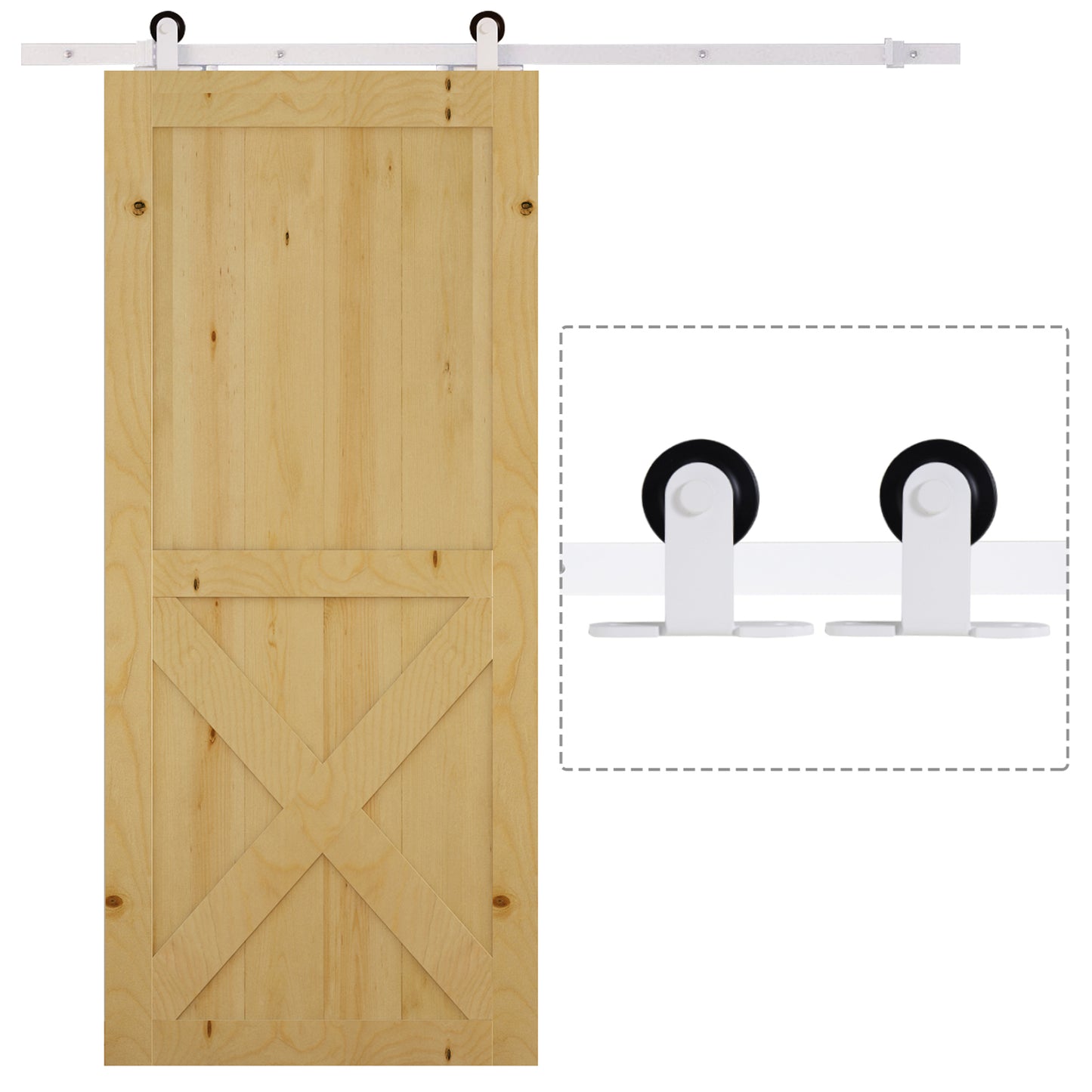 Natural pine barn door with white track hardware and black wheels