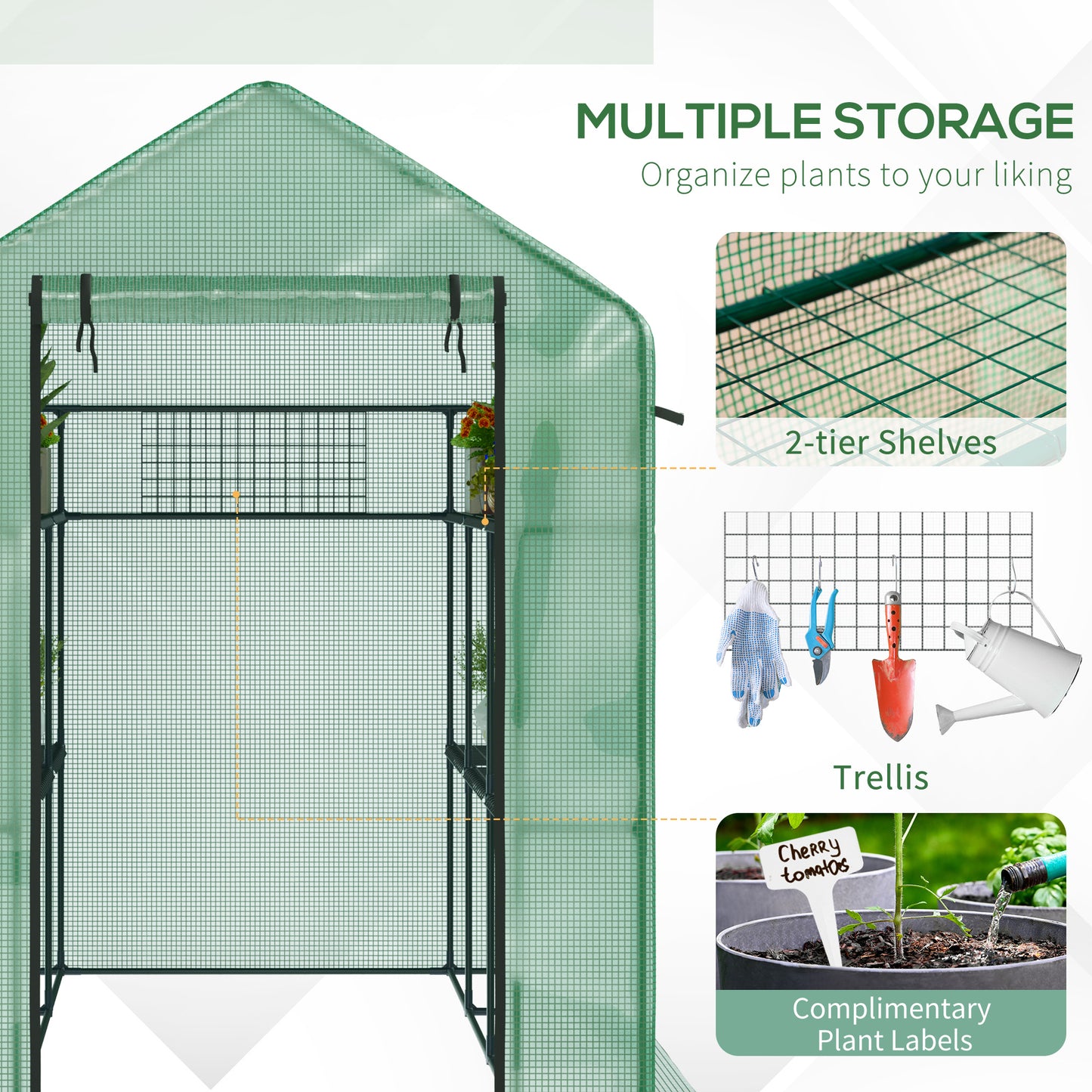 Green walkin greenhouse with twotier shelves for plant organization
