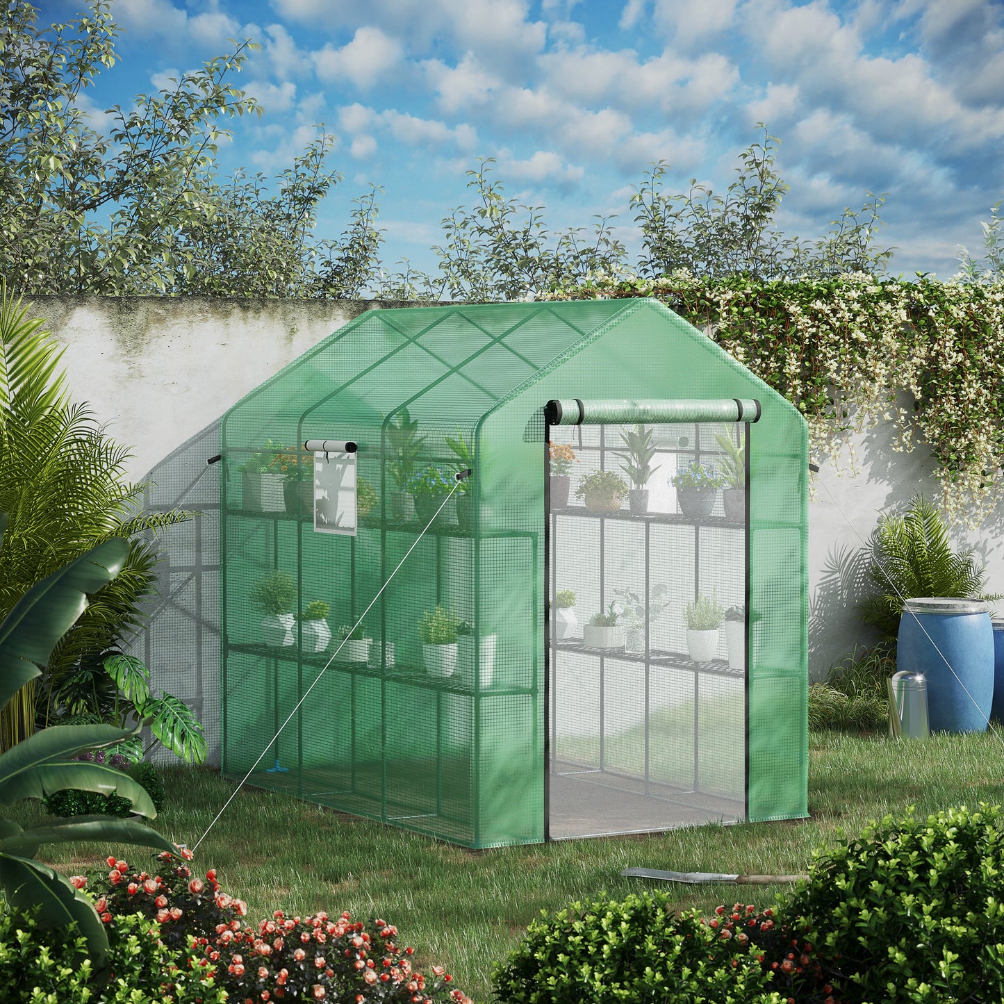 Green mesh greenhouse with tiered shelving perfect for backyard gardening Holds potted plants