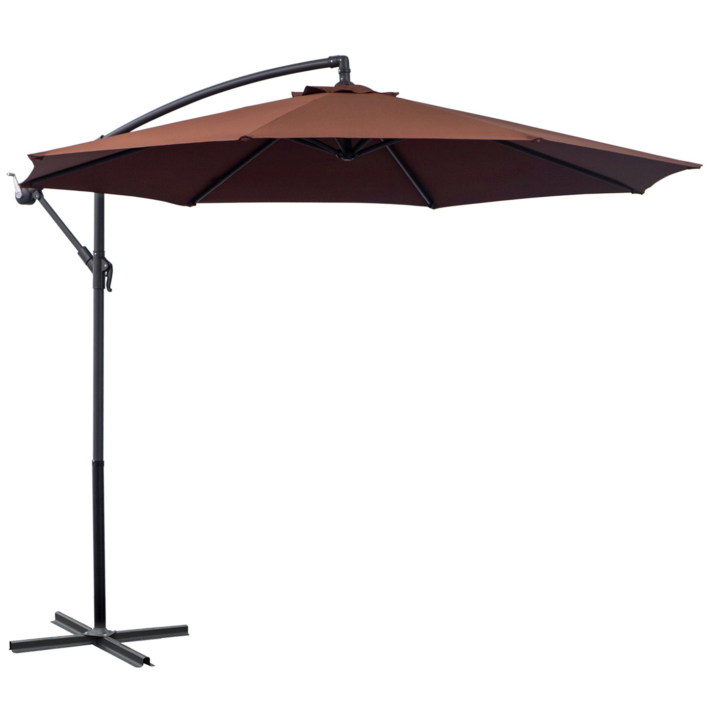 Brown cantilever patio umbrella with black metal base perfect for outdoor dining