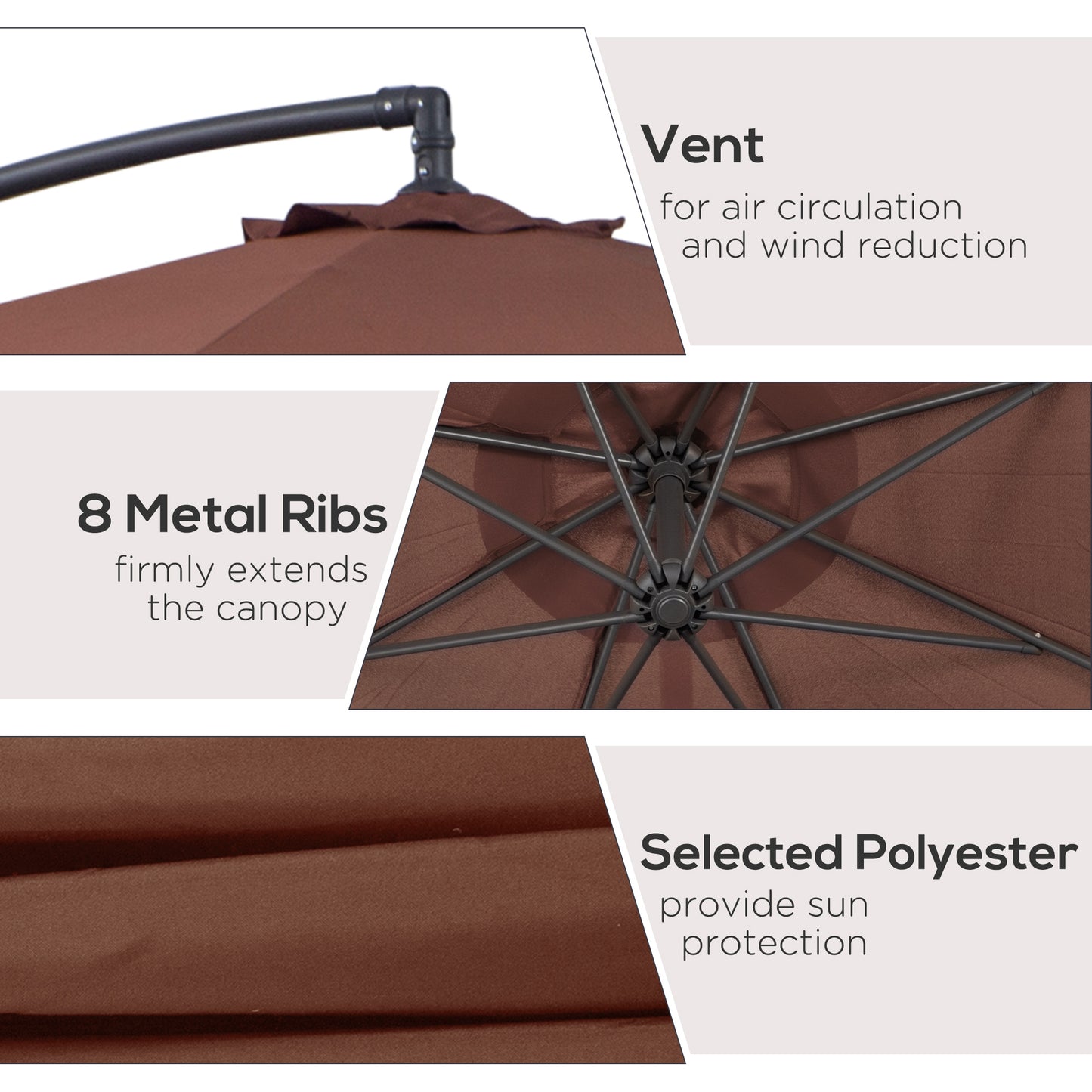 Brown patio umbrella vent for improved air circulation and wind reduction